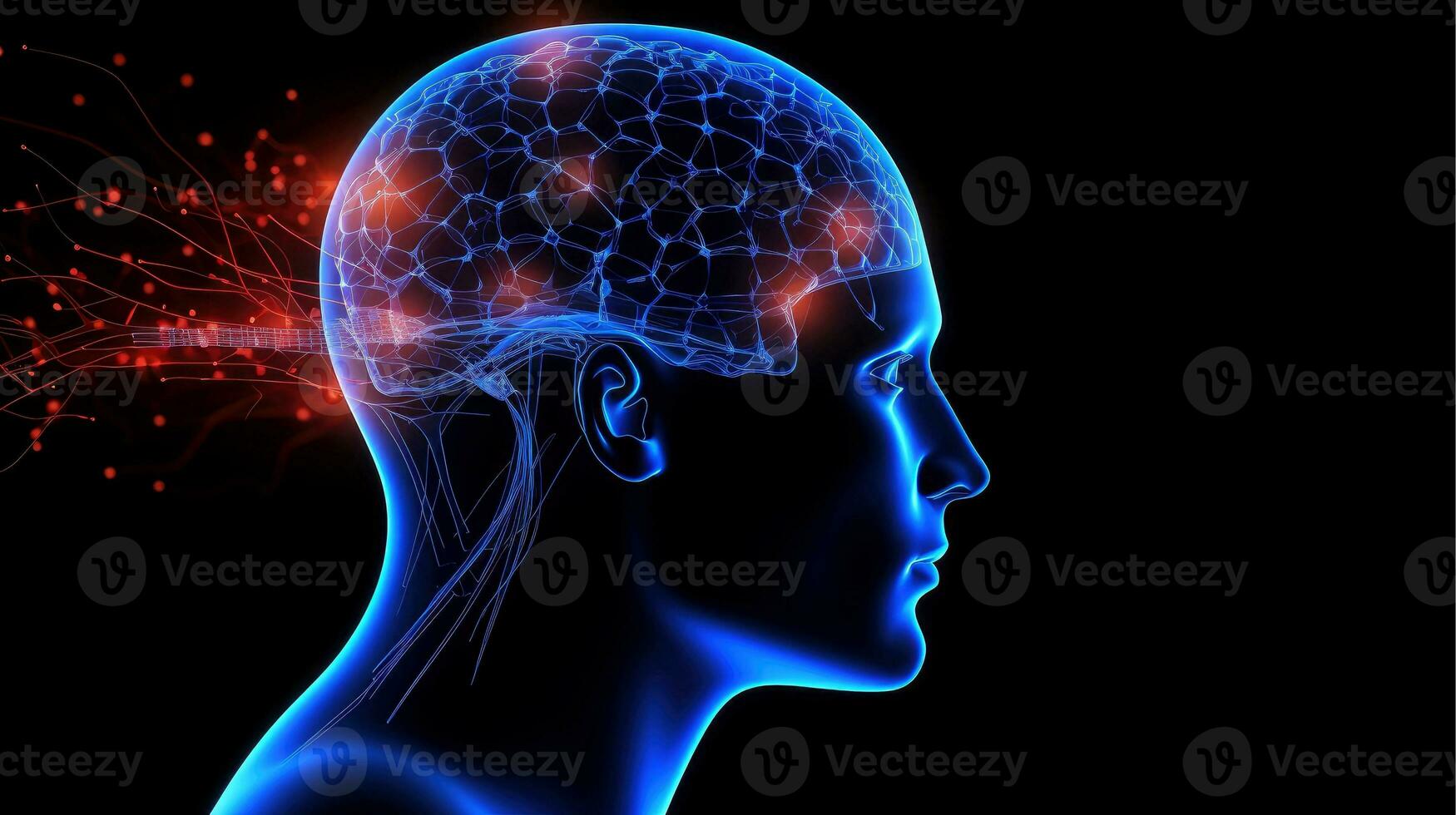 Illustration of abstract profile of a human head and consciousness with physical and chemical structures in the head, Person creative mind, Psychic waves concept, Generative AI illustration photo