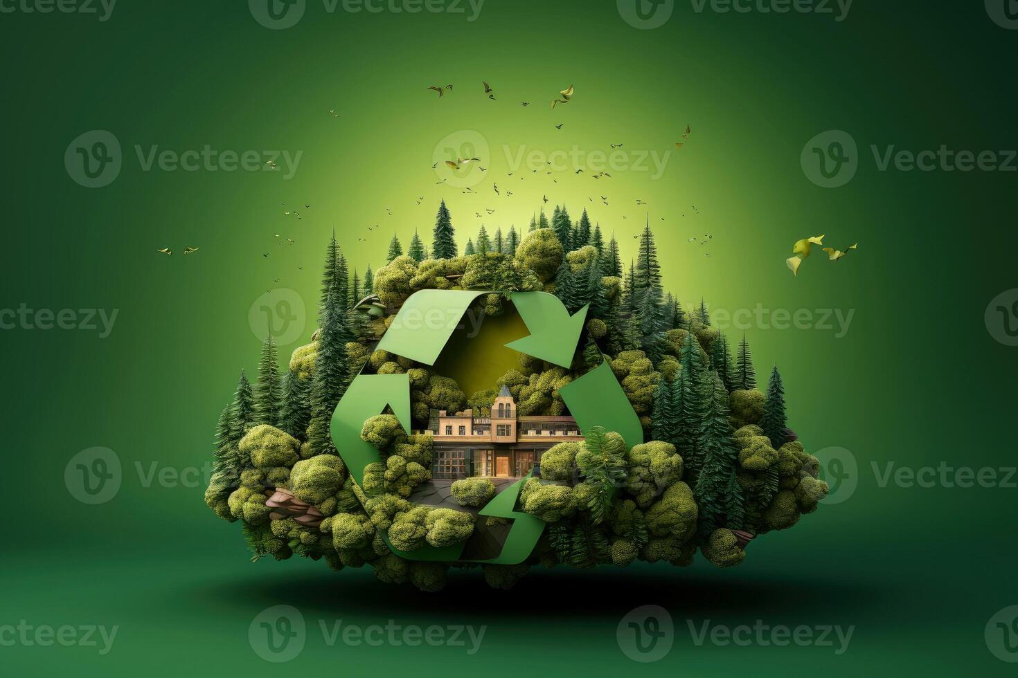 Ecosystem restoration, environment day concept tree background. Recycle icon paper cut banner with forest. Ecology project concept, illustration photo