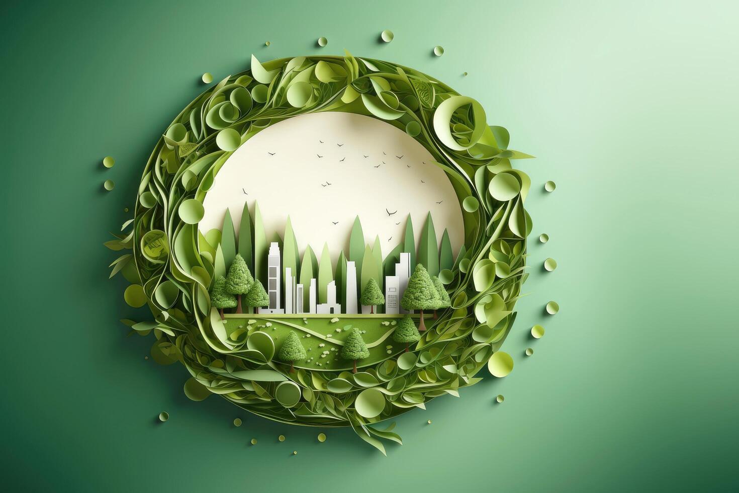 Ecosystem restoration, environment day concept tree background. Recycle icon paper cut banner with forest. Ecology project concept, illustration photo
