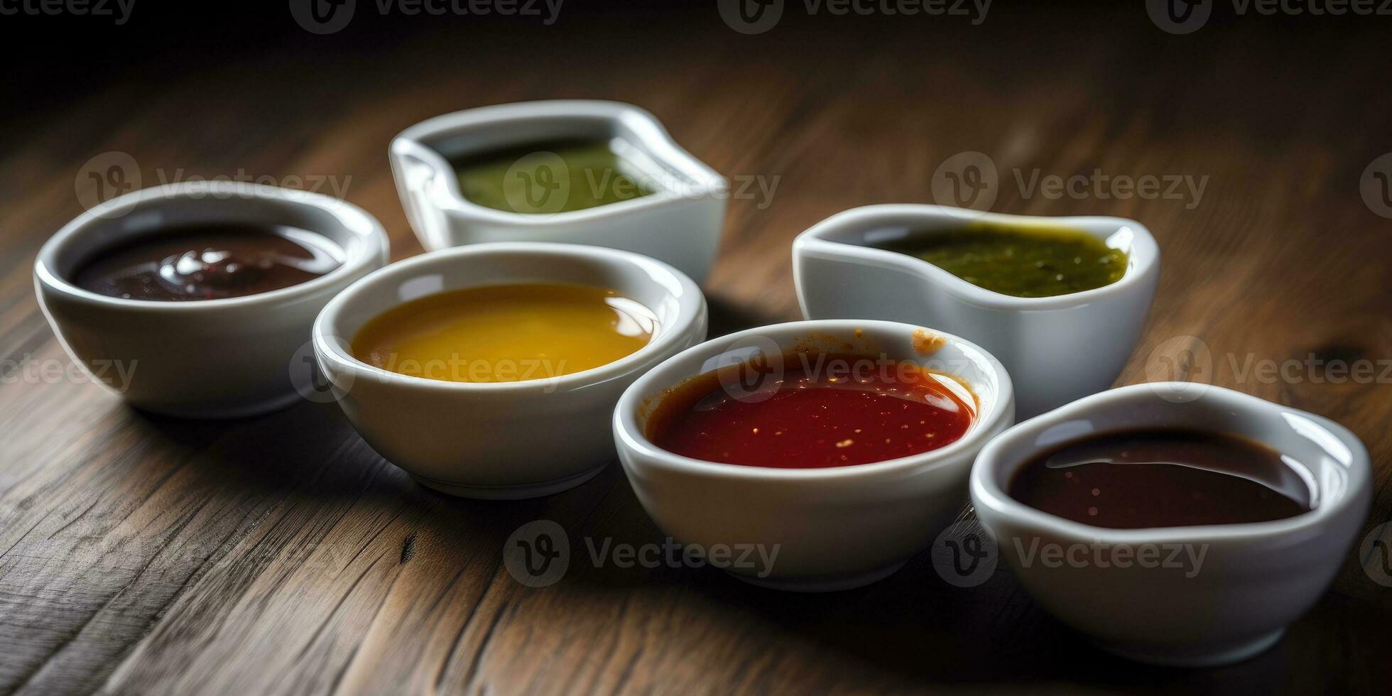 Lots of sauces close up. Tomato, cheese and spicy sauce. Generative AI photo