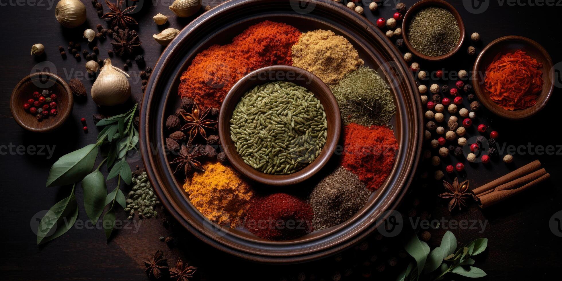 Indian spices close up. Pepper, turmeric thyme paprika cumin. Generative AI photo