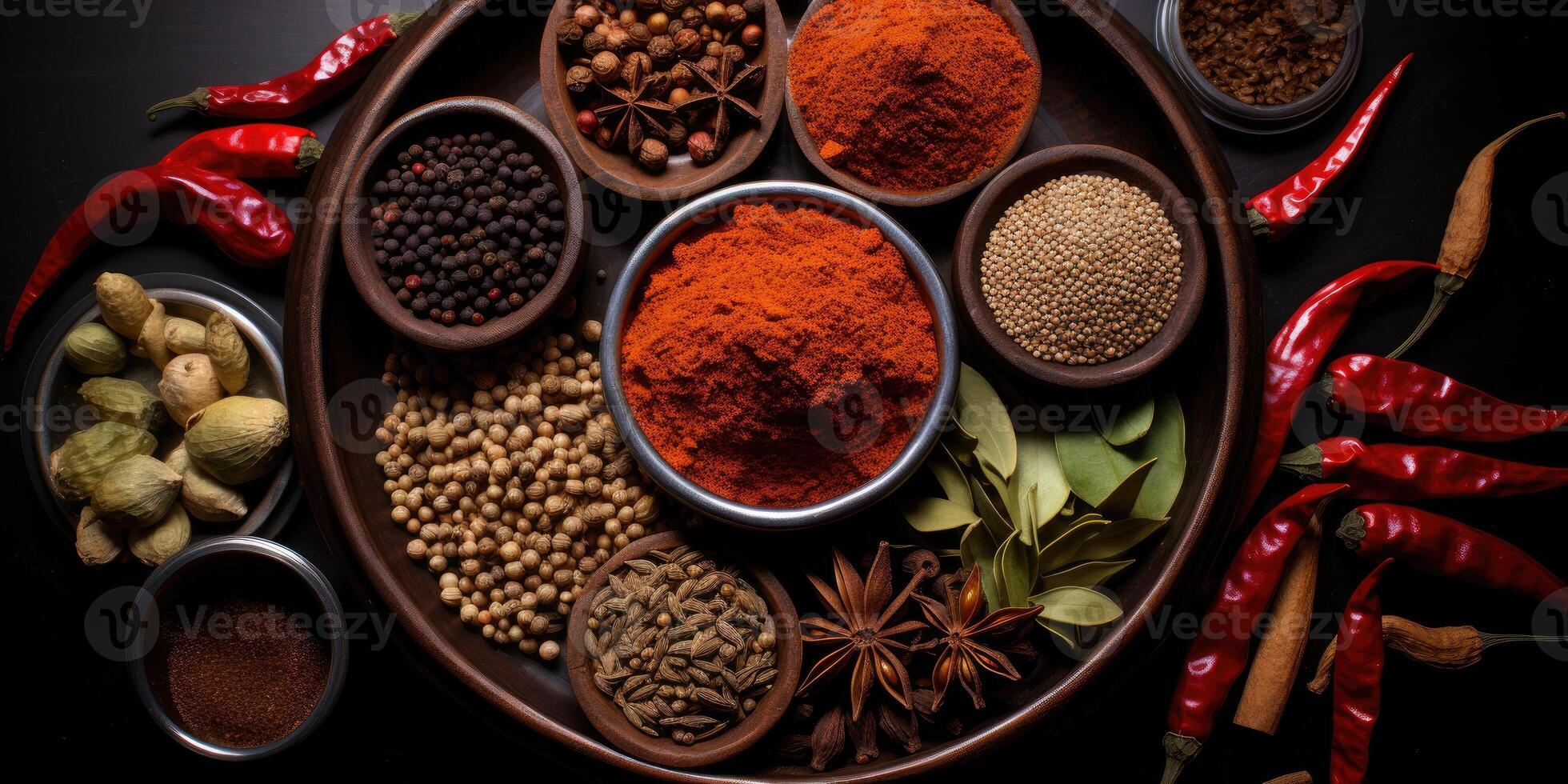 Indian spices close up. Pepper, turmeric thyme paprika cumin. photo