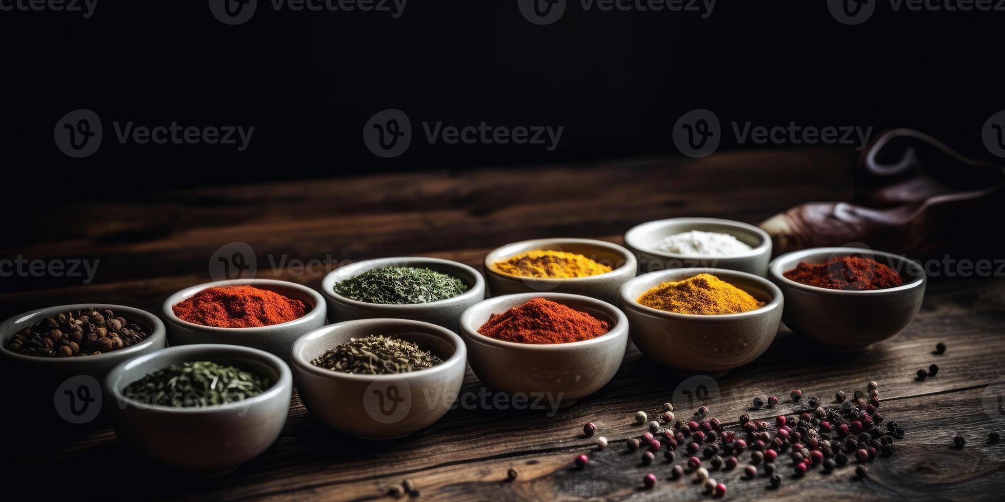 Indian spices close up. Pepper, turmeric thyme paprika cumin. Generative AI photo