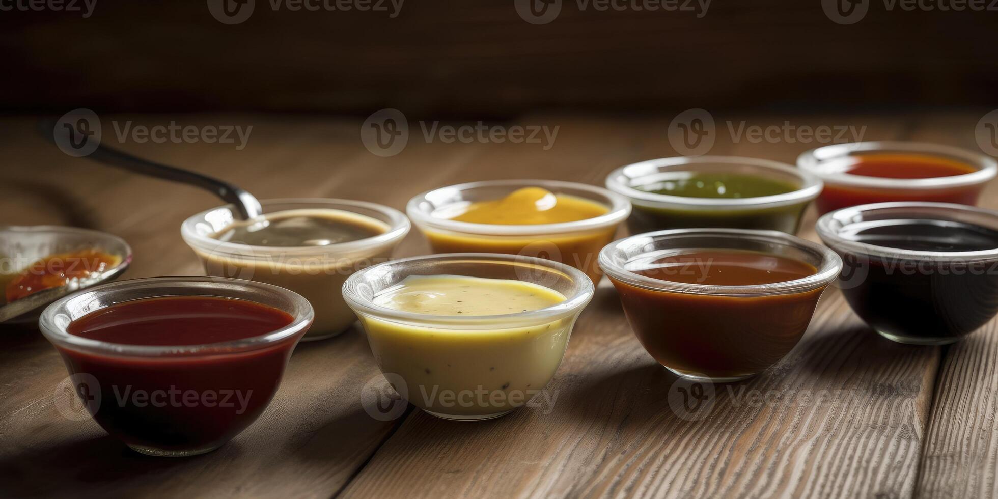 Lots of sauces close up. Tomato, cheese and spicy sauce. photo