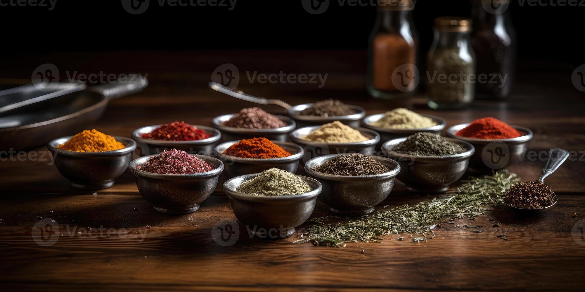 Indian spices close up. Pepper, turmeric thyme paprika cumin. Generative AI photo