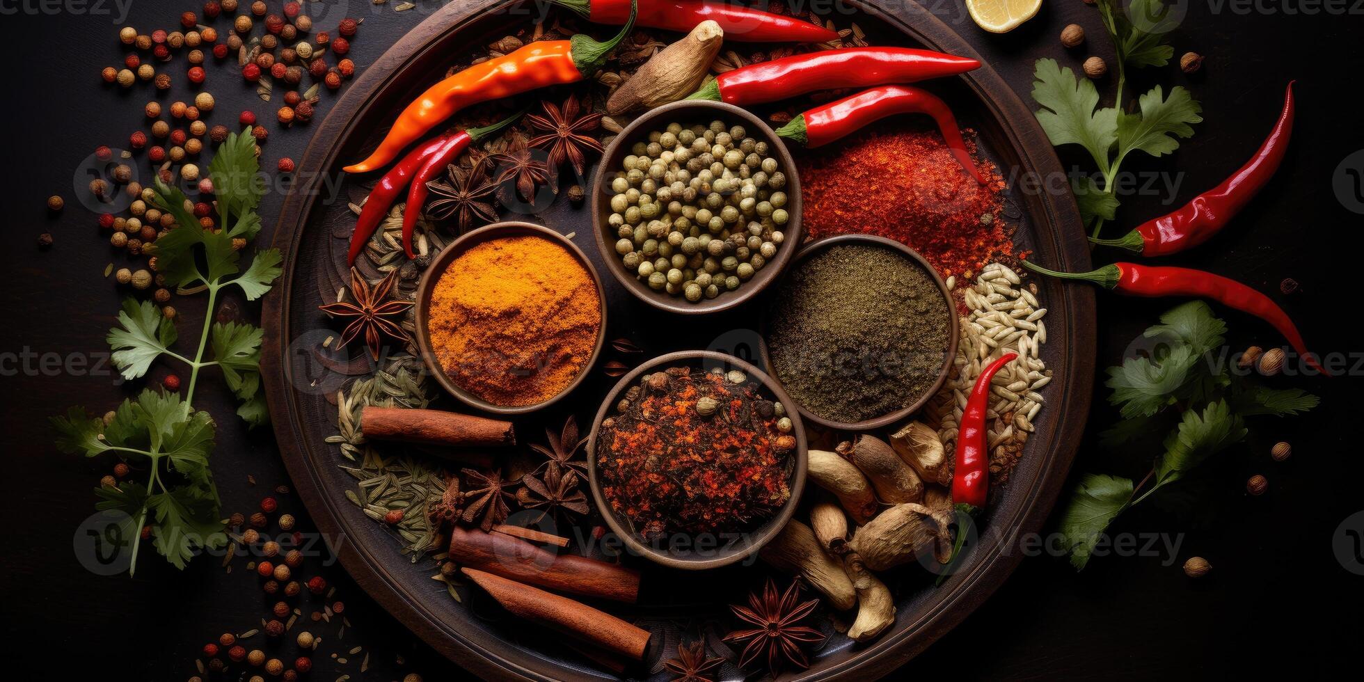 Indian spices close up. Pepper, turmeric thyme paprika cumin. Generative AI photo