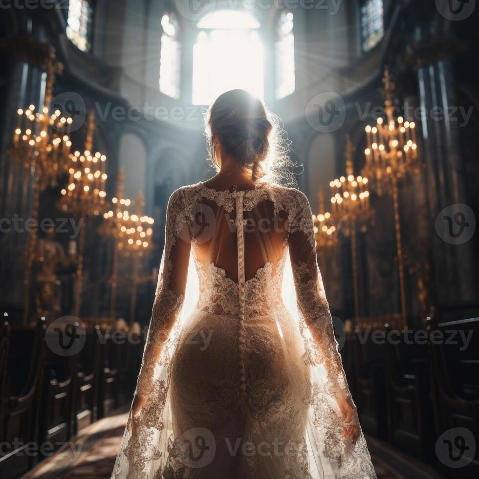 The bride goes to the altar. Wedding. Generative AI photo