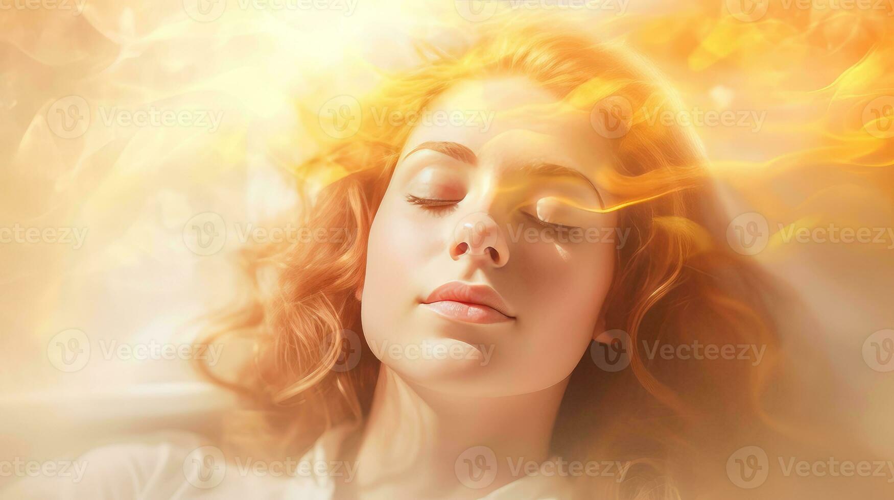 Illustration of woman sleeping and dreaming. Psychic girl considers mind and heart, spirituality, esotericism. Psychic waves concept, Generative AI illustration photo