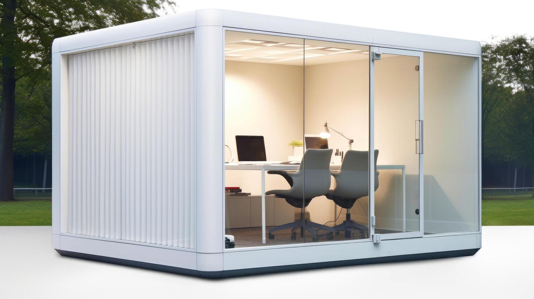 Interior of mobile container site office for construction site. Shipping container. Portable house and office cabins, illustration photo