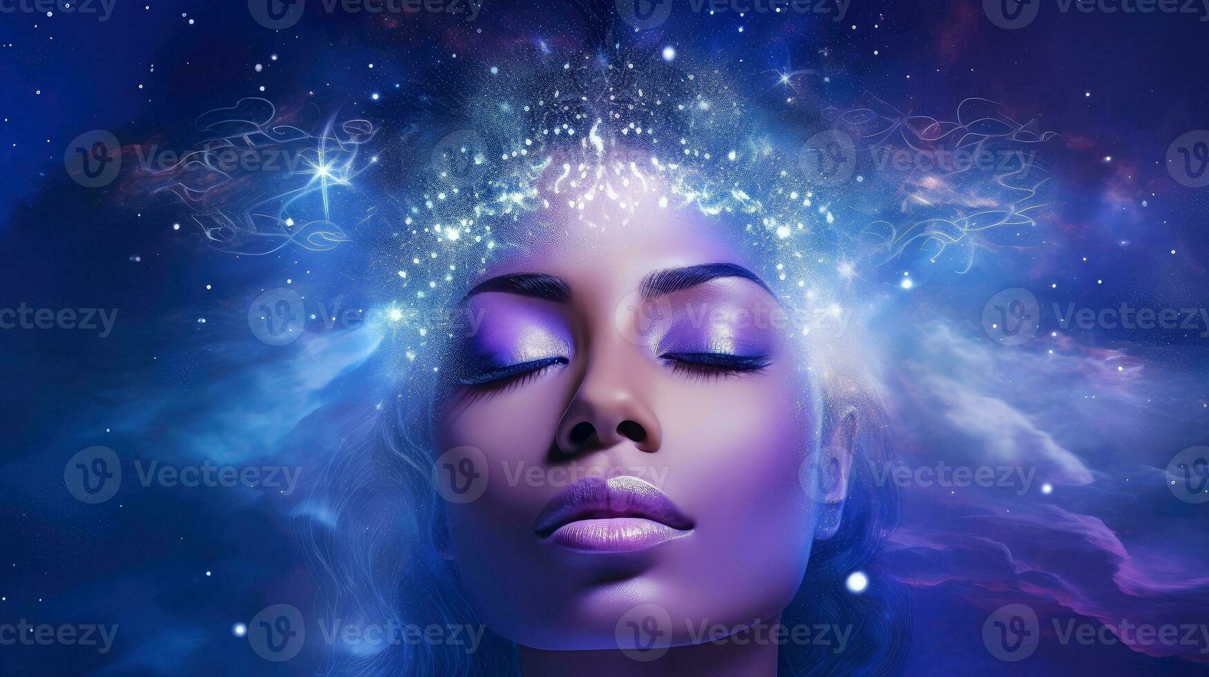 Illustration of woman sleeping and dreaming. Psychic girl considers mind and heart, spirituality, esotericism. Psychic waves concept, Generative AI illustration photo