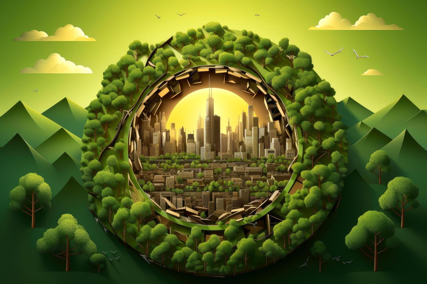 Ecosystem restoration, environment day concept tree background. Recycle icon paper cut banner with forest. Ecology project concept, illustration photo