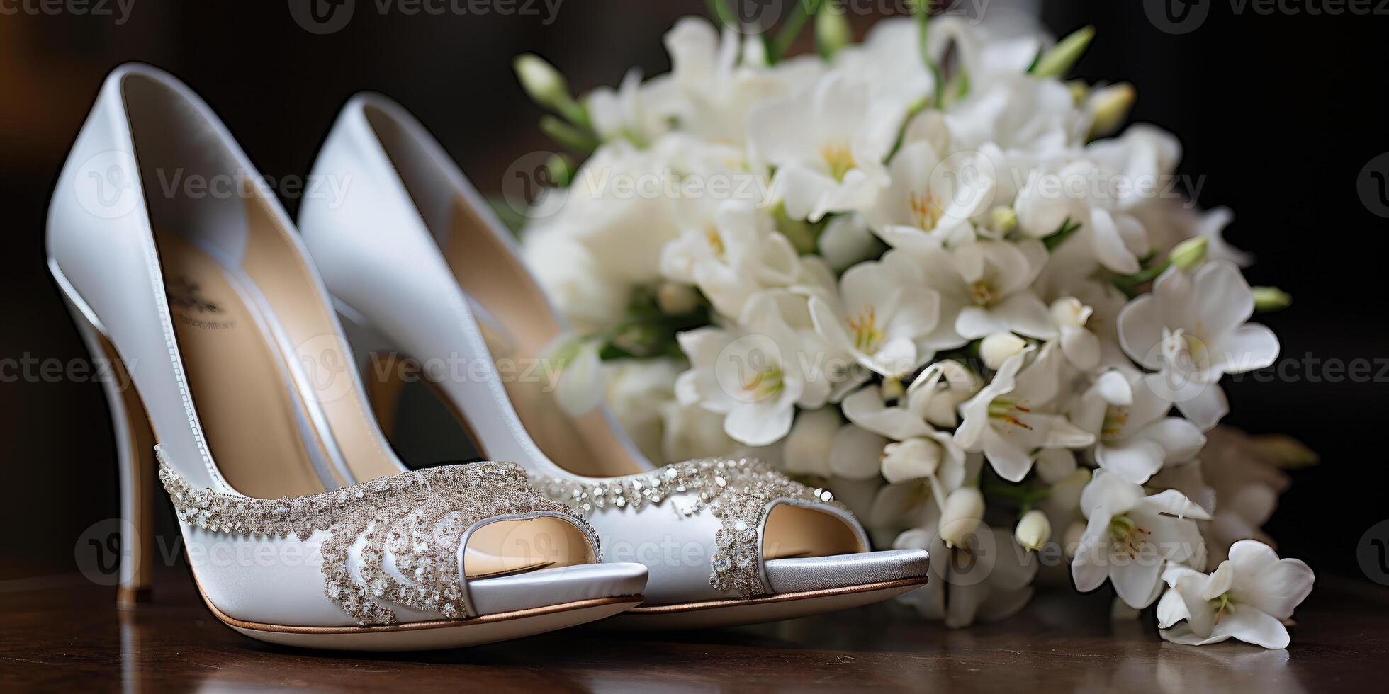 Boda flores y blanco zapatos. día festivo. generativo ai foto