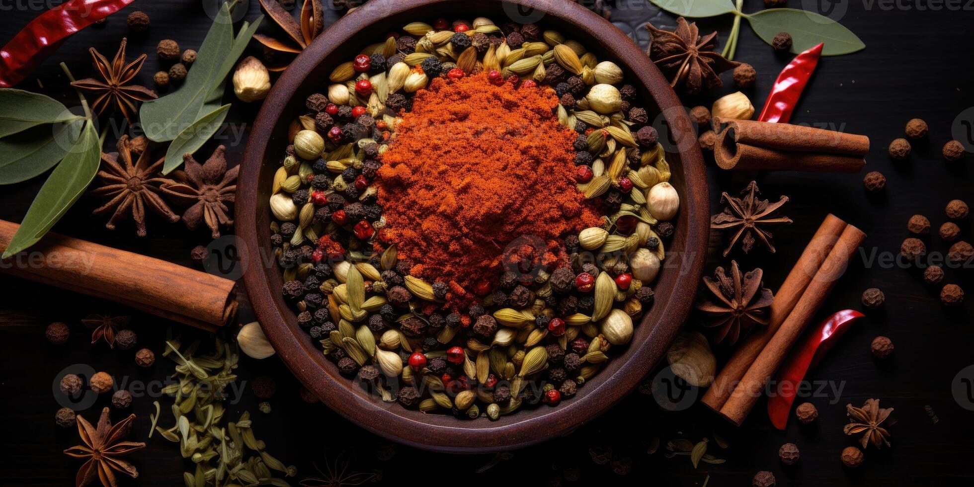 Indian spices close up. Pepper, turmeric thyme paprika cumin. Generative AI photo