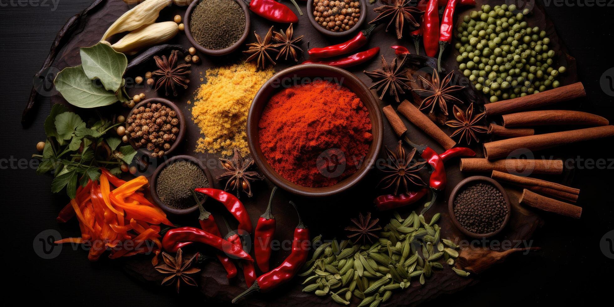 Indian spices close up. Pepper, turmeric thyme paprika cumin. Generative AI photo