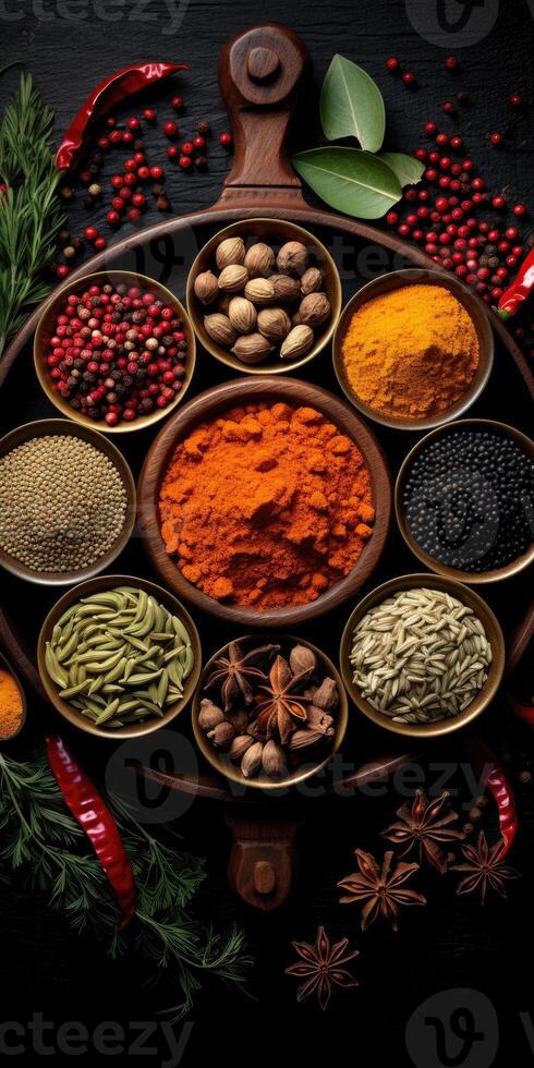 Indian spices close up. Pepper, turmeric thyme paprika cumin. photo