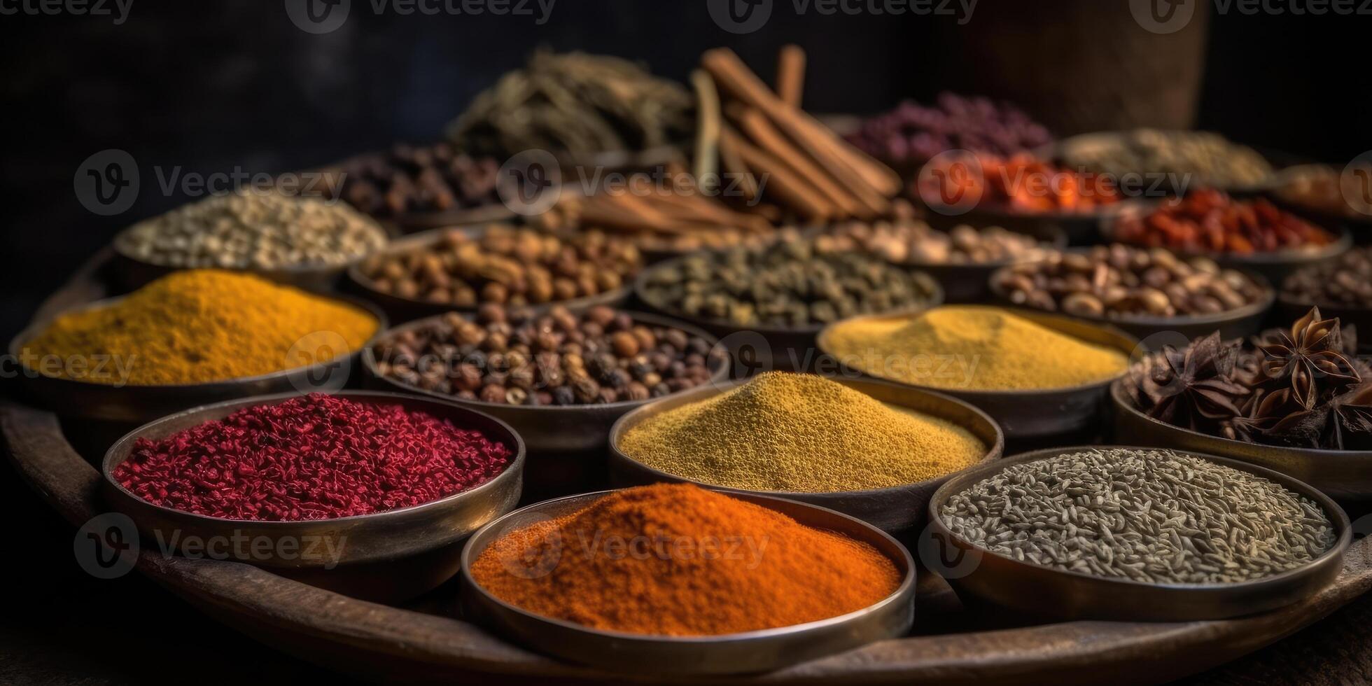 Indian spices close up. Pepper, turmeric thyme paprika cumin. Generative AI photo