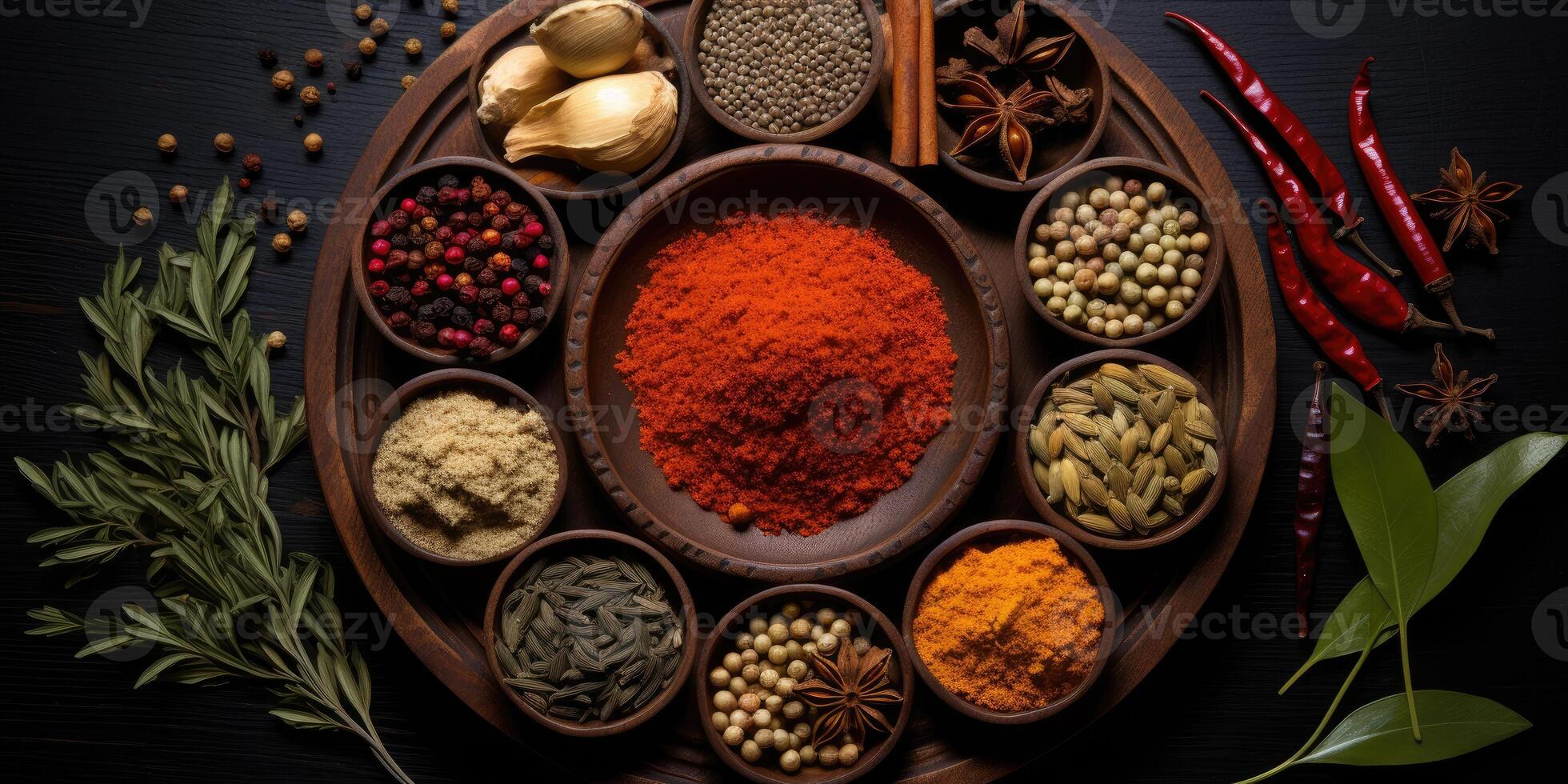 Indian spices close up. Pepper, turmeric thyme paprika cumin. photo