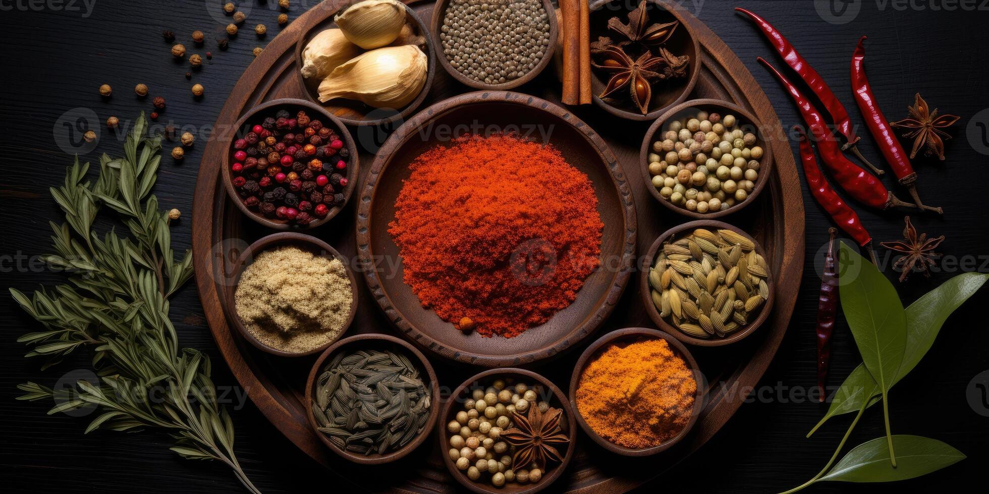 Indian spices close up. Pepper, turmeric thyme paprika cumin. Generative AI photo