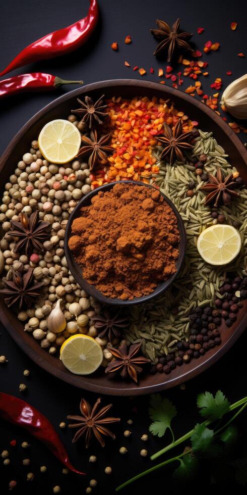 Indian spices close up. Pepper, turmeric thyme paprika cumin. photo