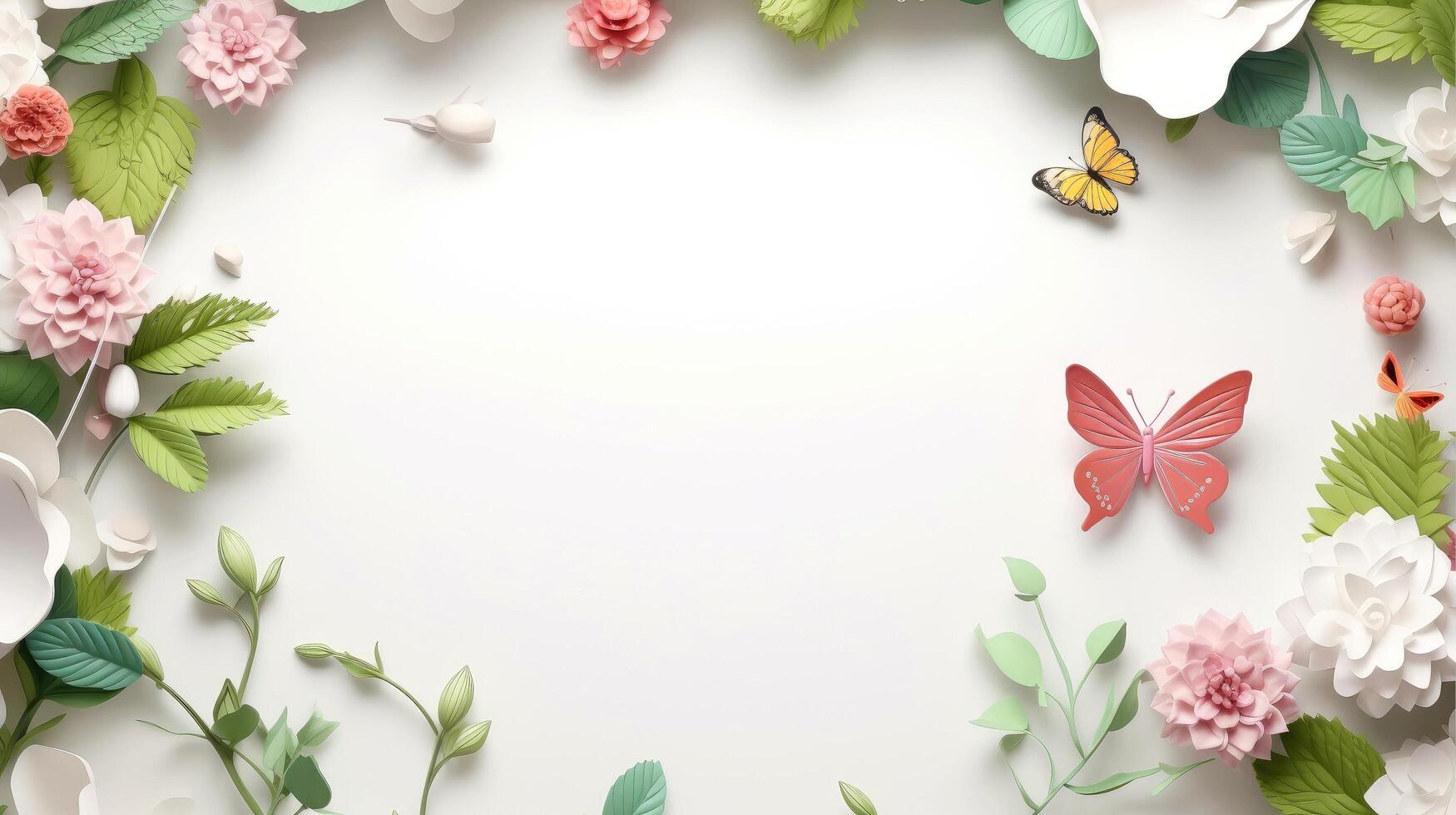 Floral border frame card template. multicolor flowers, leaves, for banner, wedding card. Springtime composition with copy-space, illustration photo
