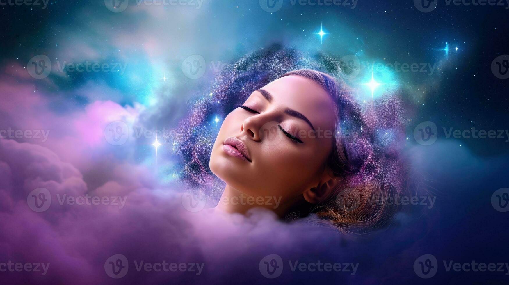 Illustration of woman sleeping and dreaming. Psychic girl considers mind and heart, spirituality, esotericism. Psychic waves concept, Generative AI illustration photo