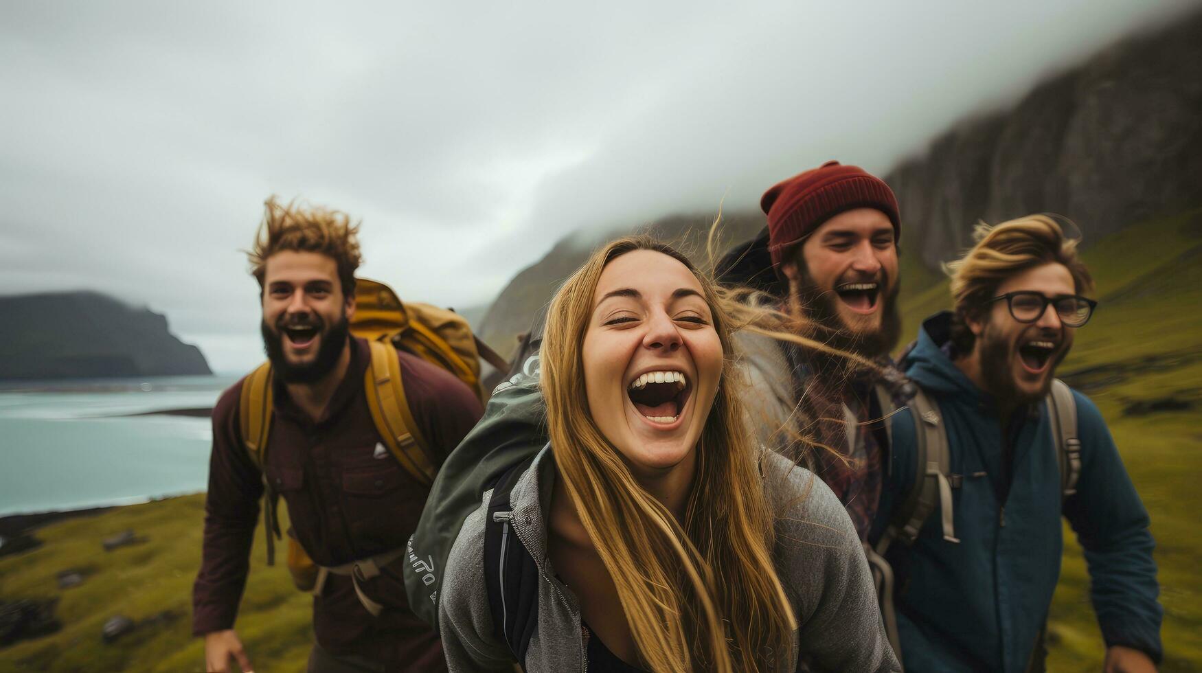 Group of happy friends and laughing, tourism, travel, people sharing good and positive mood, backpack camping hiking journey travel trek concept, with blurred background, Generative AI illustration photo