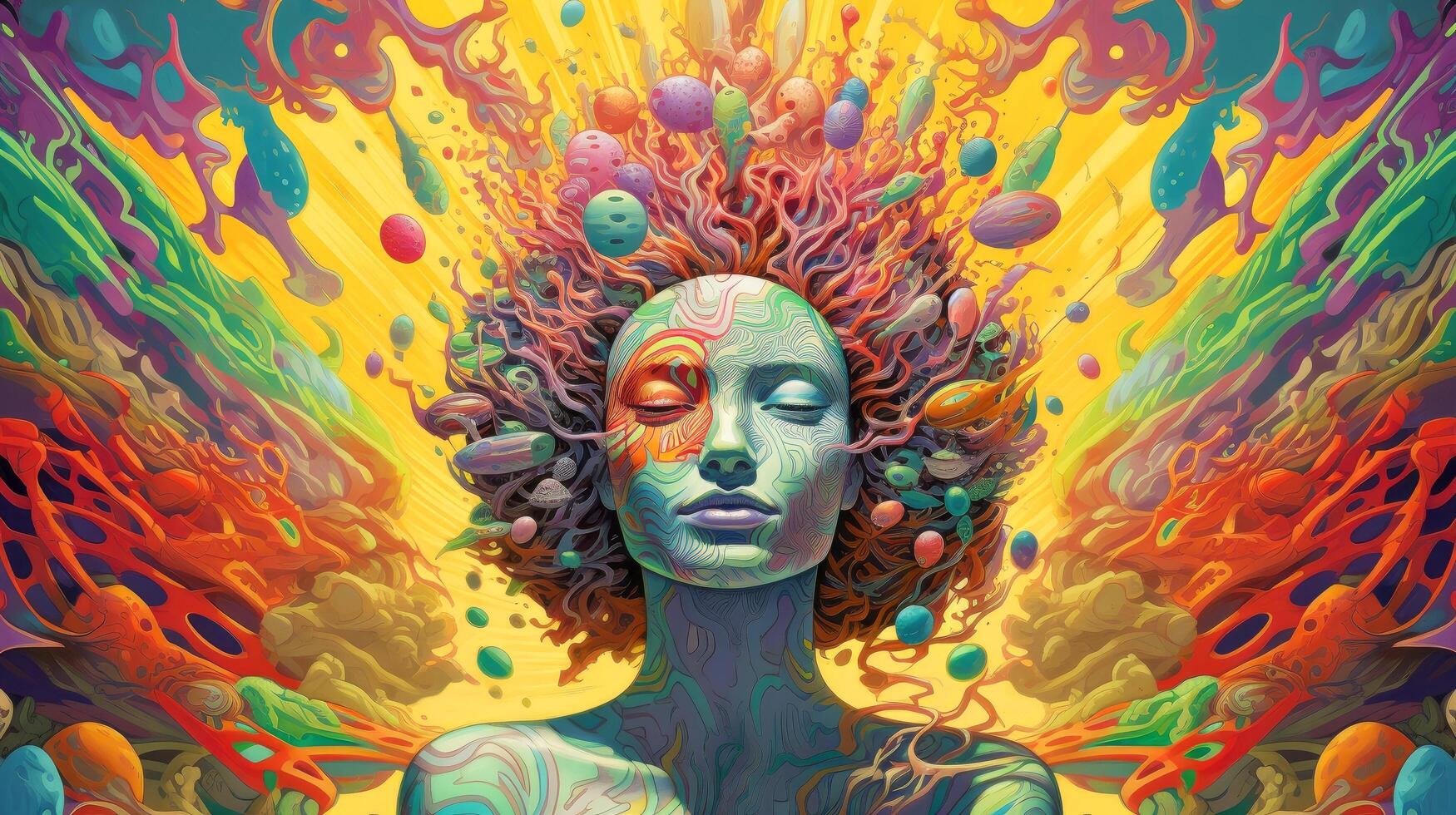 Peaceful woman with third eye employs intuition in decisions. Psychic girl considers mind and heart. Spirituality, esotericism. illustration in cartoon style, illustration photo