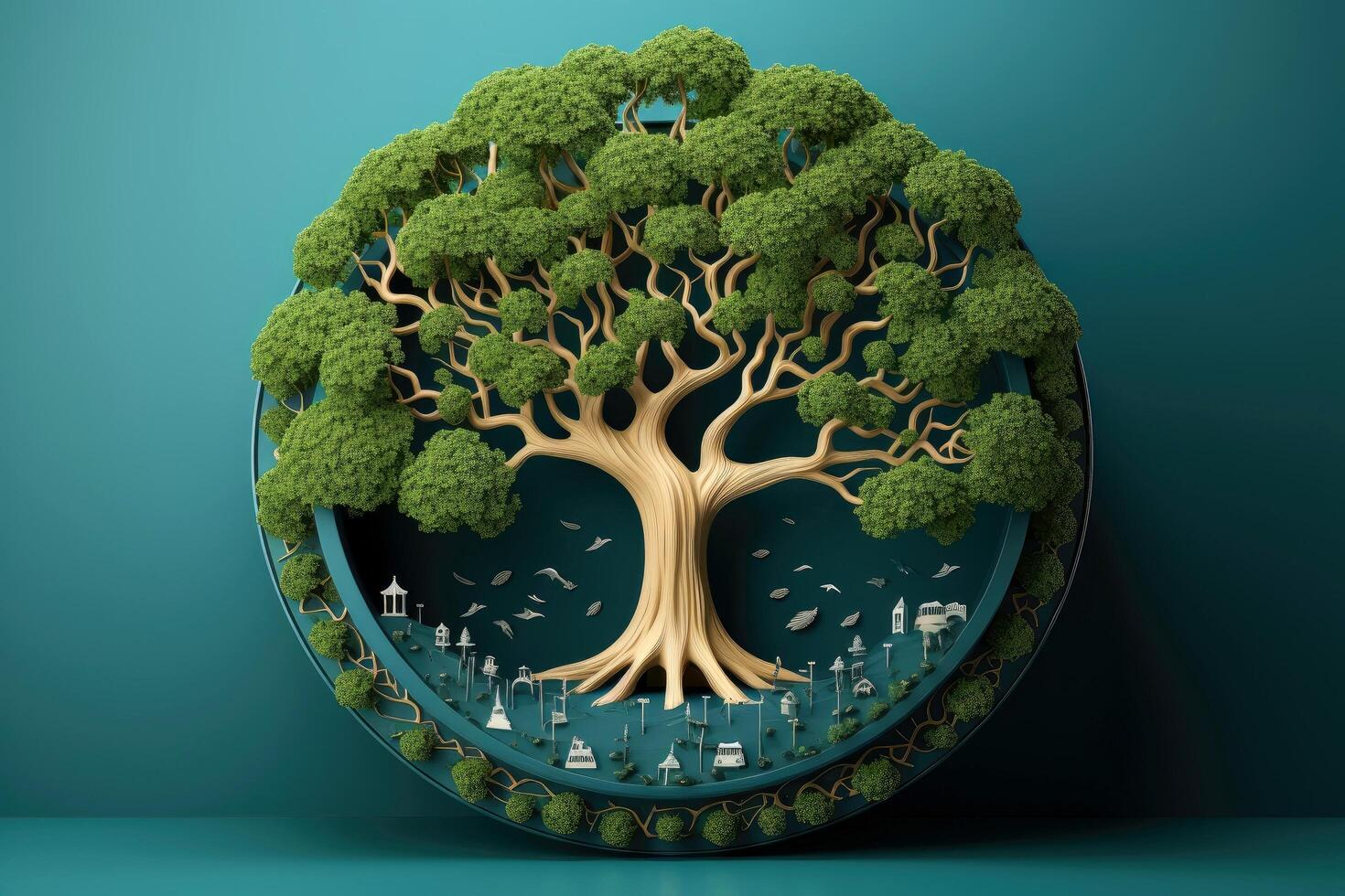 Ecosystem restoration, environment day concept tree background. Recycle icon paper cut banner with forest. Ecology project concept, illustration photo
