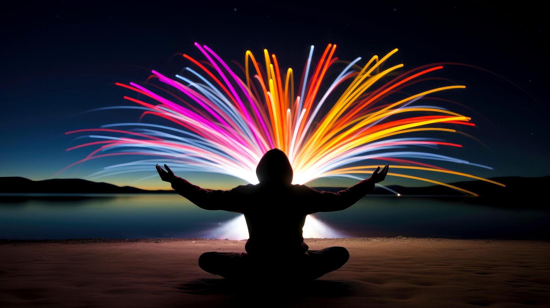 Women meditate, yoga. Psychic women considers mind and heart. Spirituality, esotericism, with bokeh defocused lights. universe, illustration photo