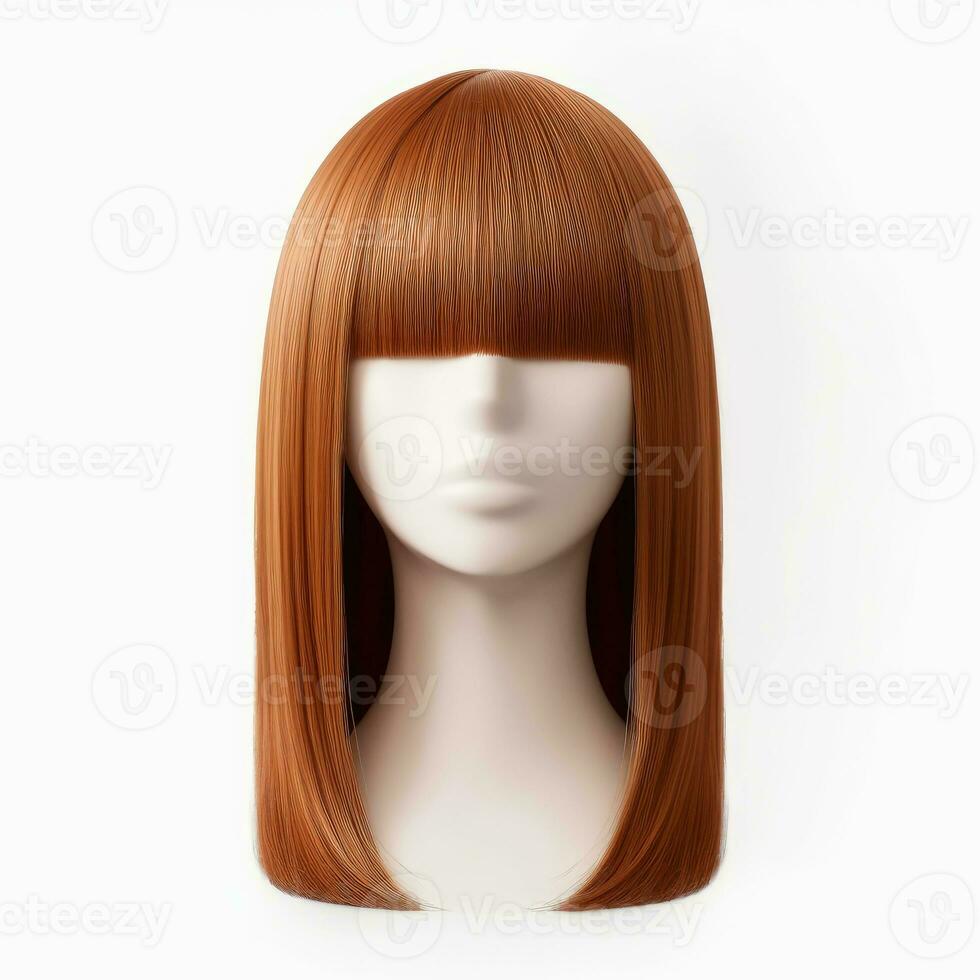 Hair wig over the plastic mannequin head isolated over the white background, mockup featuring contemporary women's hairstyles, Generative AI illustration photo