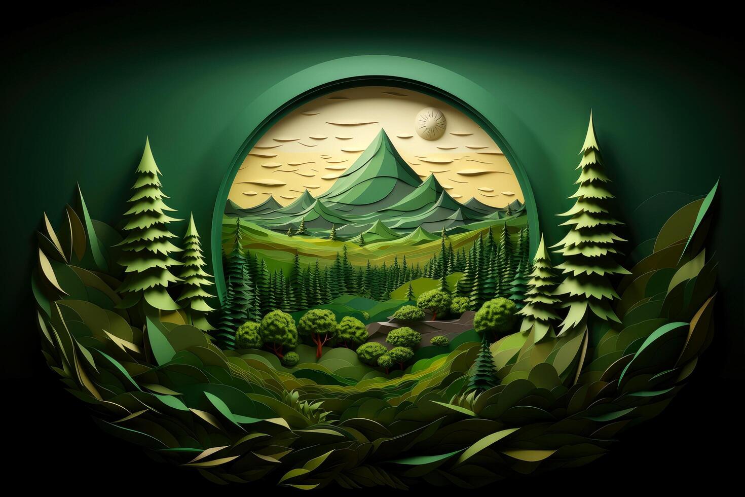 Ecosystem restoration, environment day concept tree background. Recycle icon paper cut banner with forest. Ecology project concept, illustration photo