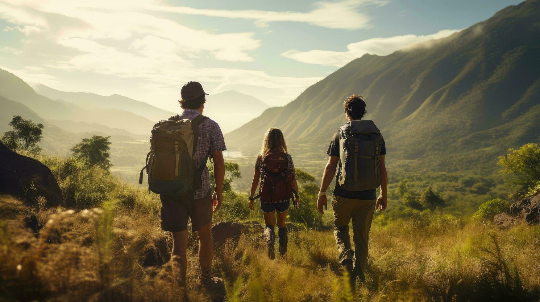 Group of happy friends explore nature outdoors, tourism, travel, backpack camping hiking journey travel trek concept, with blurred background, Generative AI illustration photo