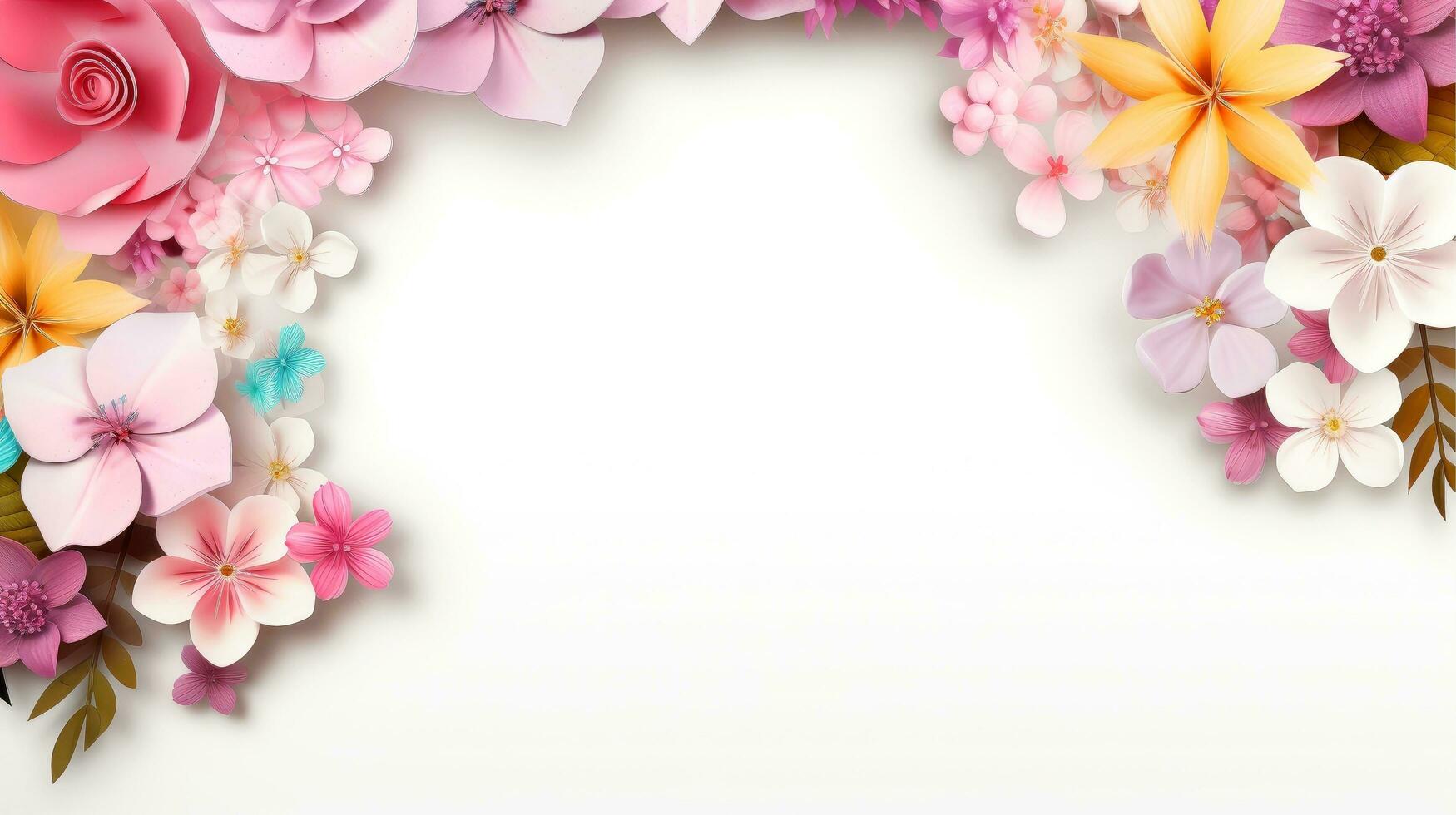 floral frontera marco tarjeta modelo. multicolor flores, hojas, para bandera, Boda tarjeta. primavera composición con espacio de copia, generativo ai ilustración foto