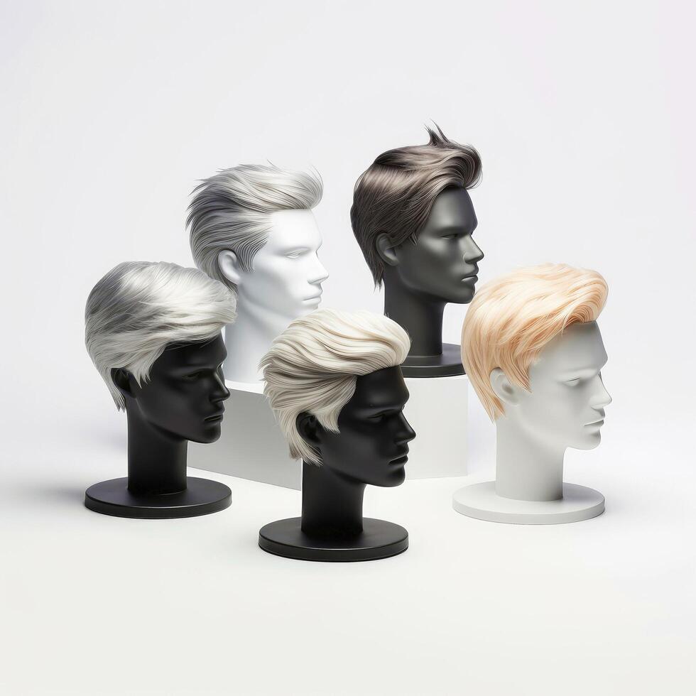 Hair wig over the plastic mannequin head isolated over the white background, mockup featuring contemporary men's hairstyles, illustration photo