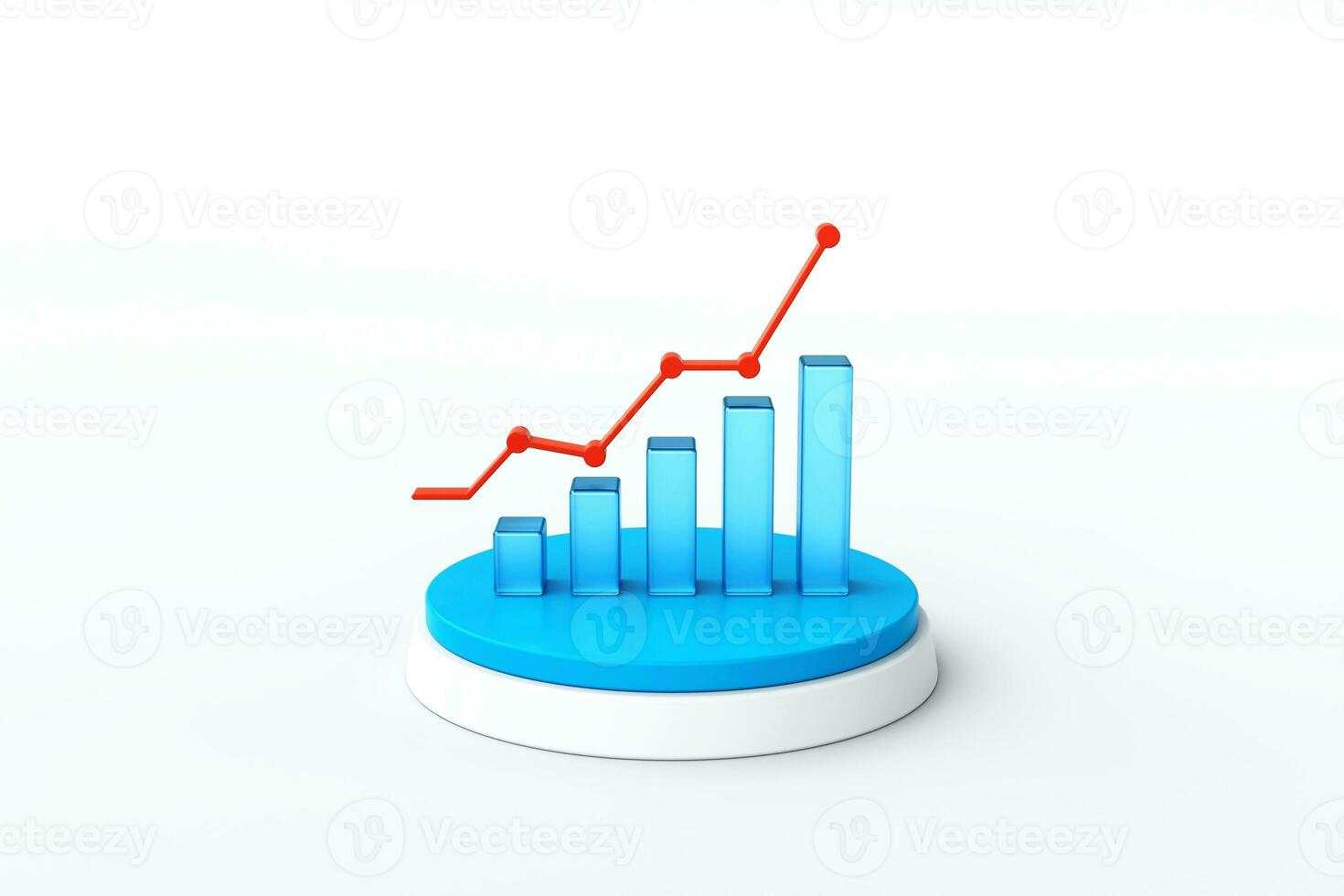 3d blue glass graph with red point chart icon on white podium, Trade arrow. Exchange price chart. Growth and changes in value. Exchange trading. Reporting annual and quarterly profits, 3d rendering photo