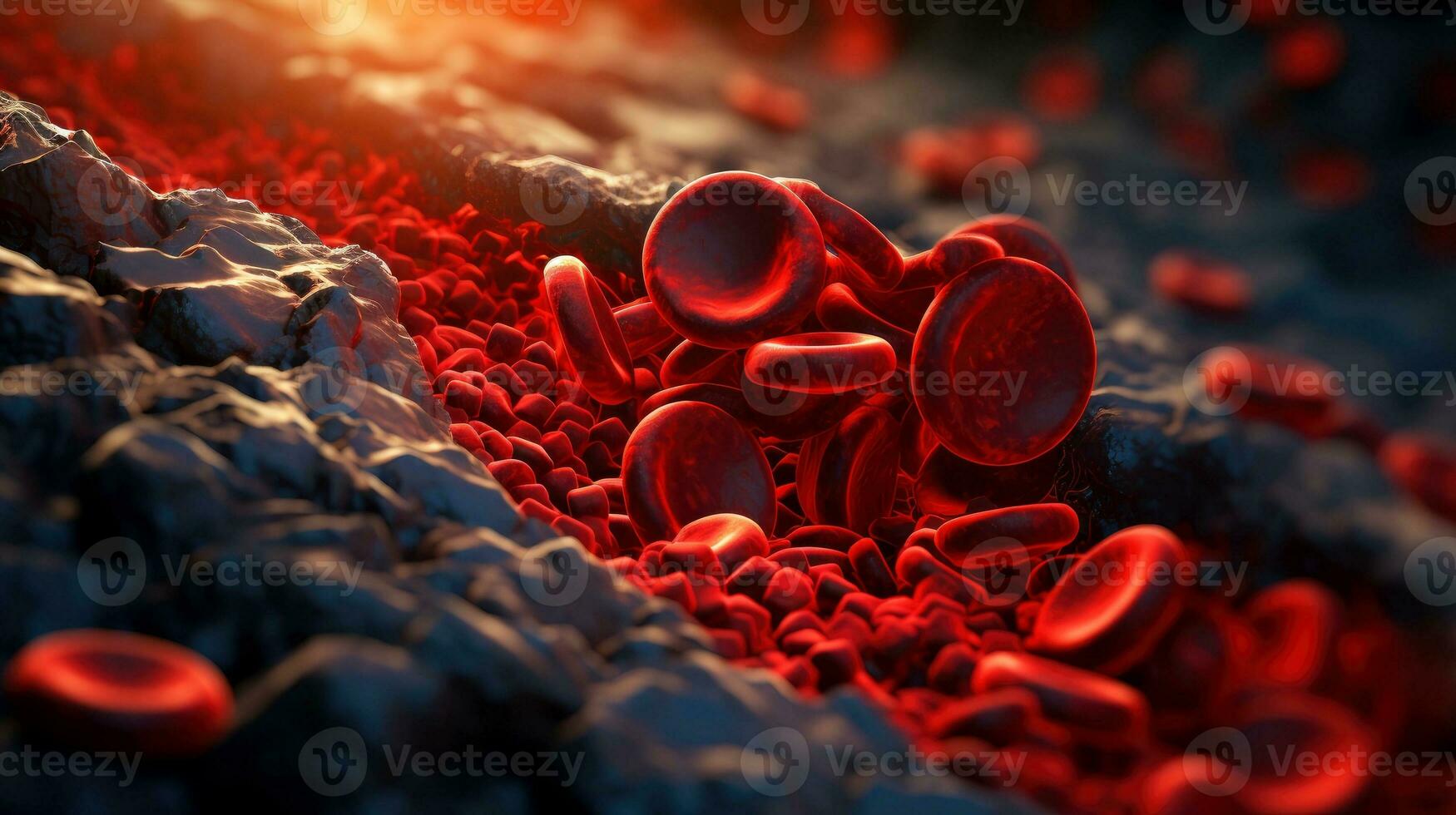 3D illustration mockup of the human organ systems, circulatory, digestive, red and white bloodcells wtih blurred backgroun. Medical education concept, Generative AI illustration photo