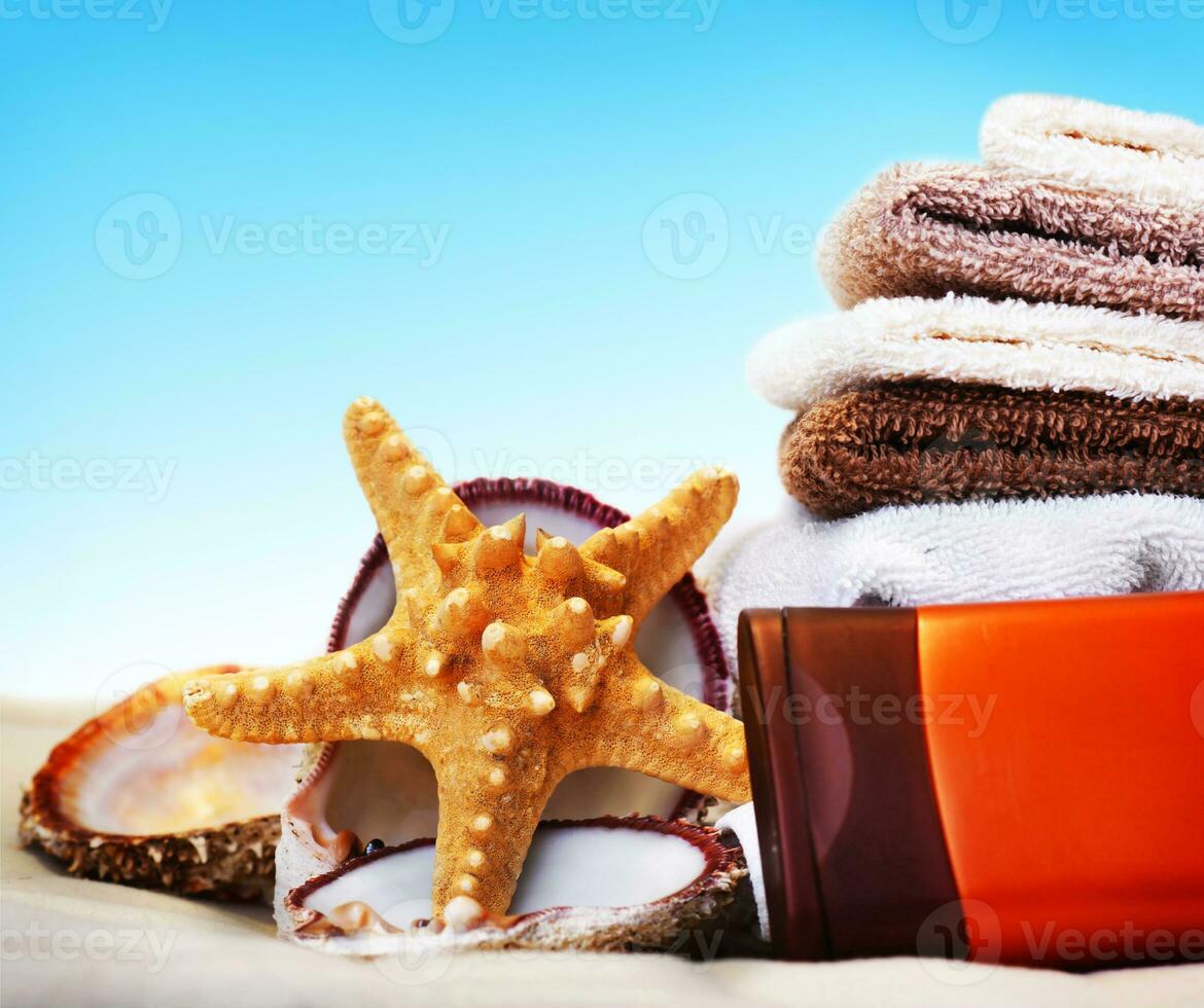 Beach items over blue sky photo