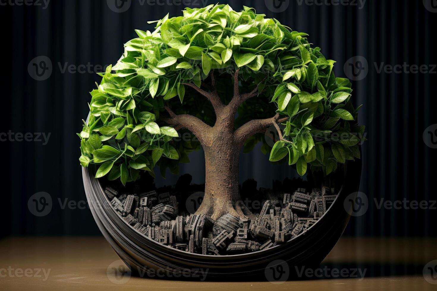 Ecosystem restoration, environment day concept tree background. Recycle icon paper cut banner with forest. Ecology project concept, illustration photo