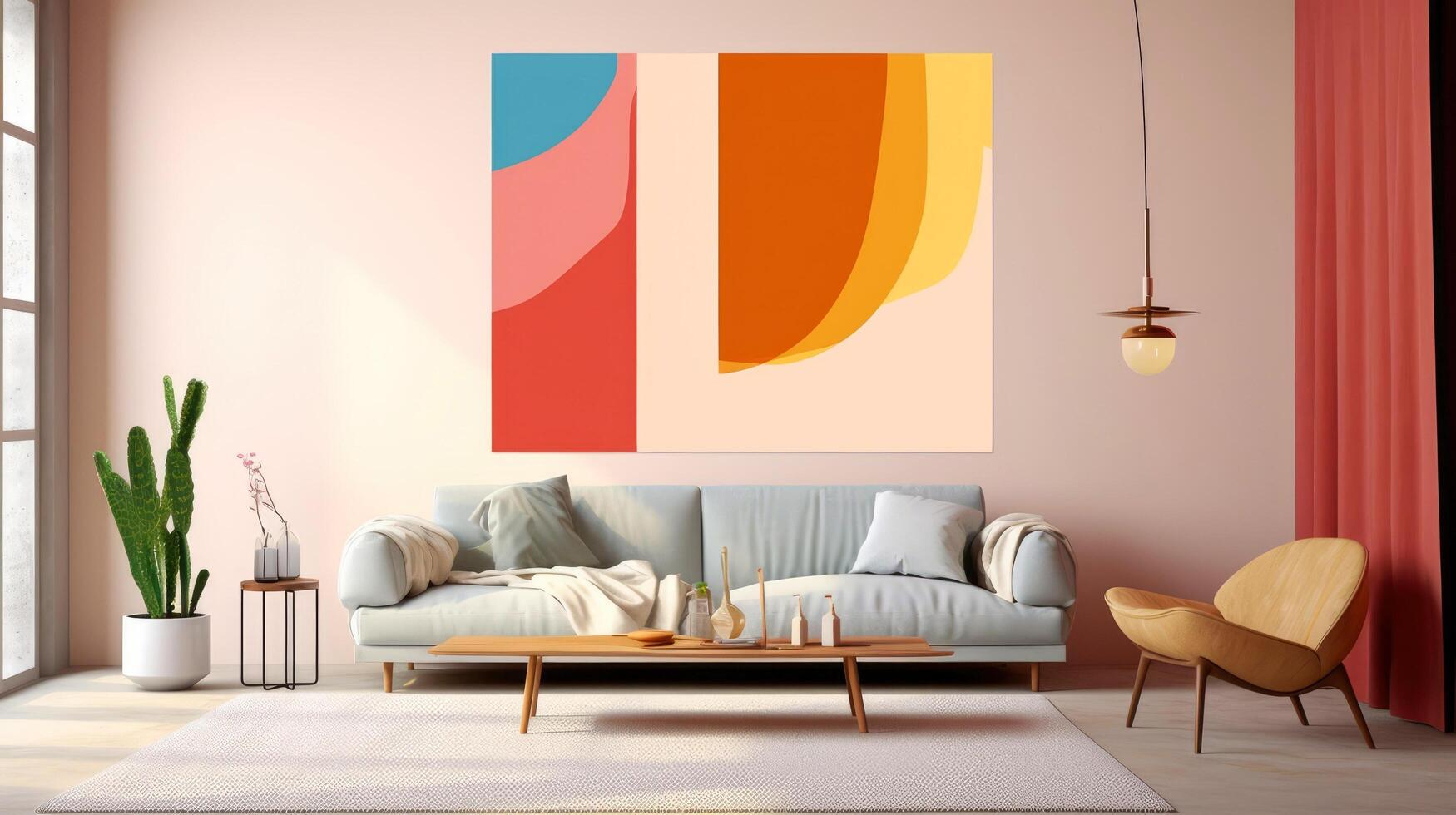 Stylish living room interior design with mock up poster frame, creative home accessories. Home staging. Copy space, illustration photo