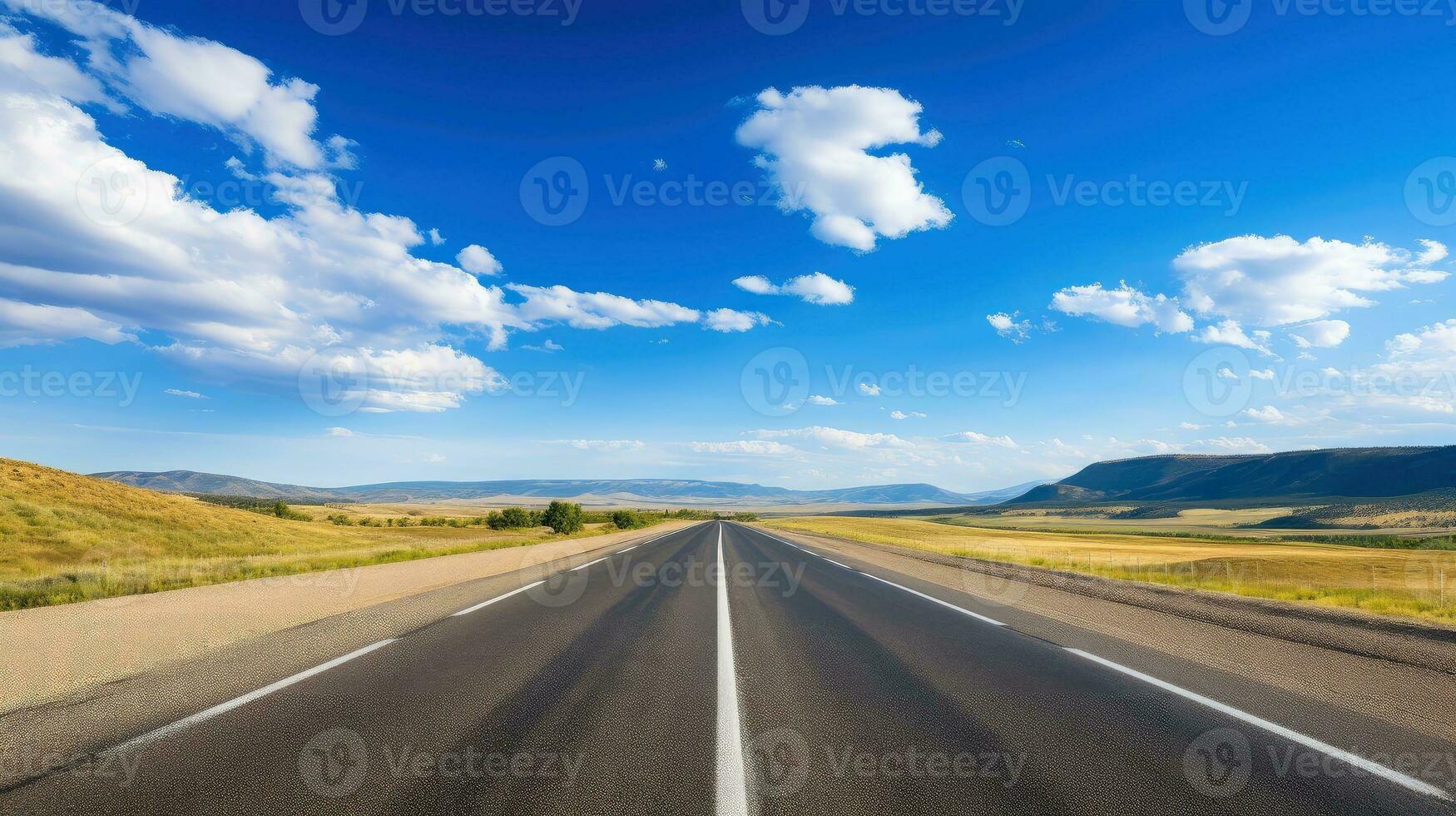 Illustration image of landscape with country road, empty asphalt road on blue cloudy sky background. Multicolor vibrant outdoors horizontal image, Generative AI illustration photo