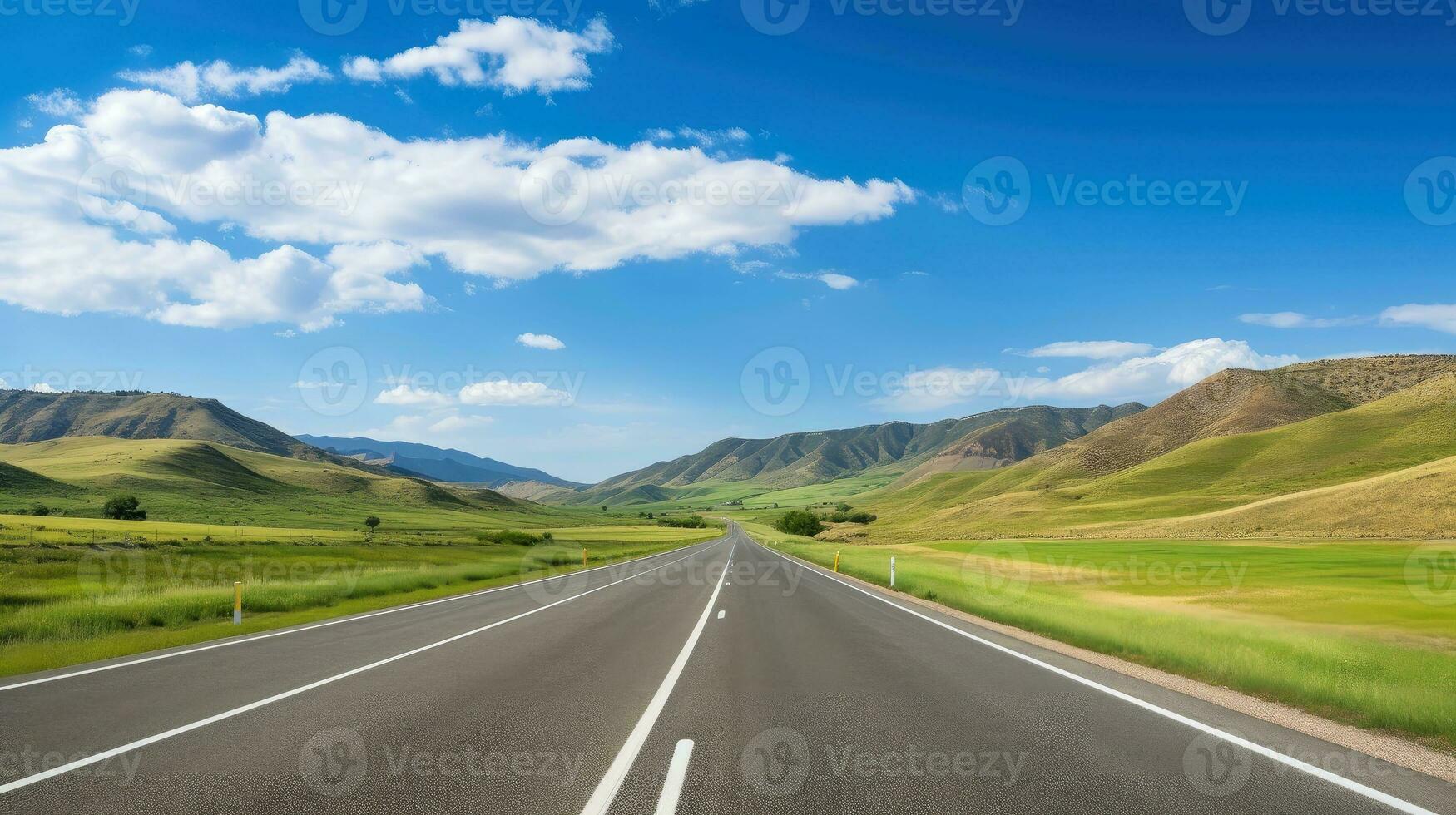 Illustration image of landscape with country road, empty asphalt road on blue cloudy sky background. Multicolor vibrant outdoors horizontal image, Generative AI illustration photo