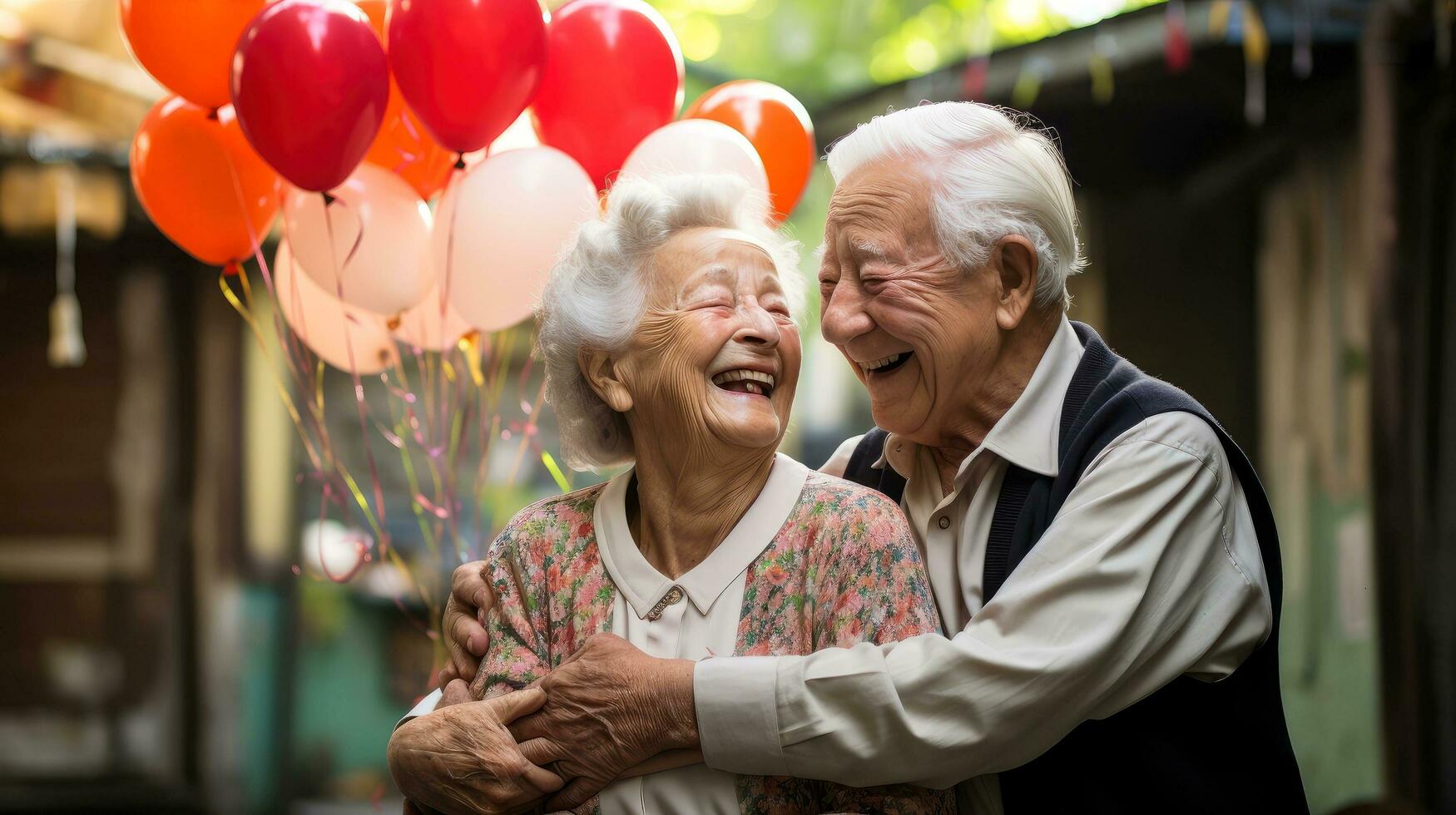 Dreamy middle aged senior loving retired family couple, enjoying peaceful moment relaxing together, with blurred background, Generative AI illustration photo