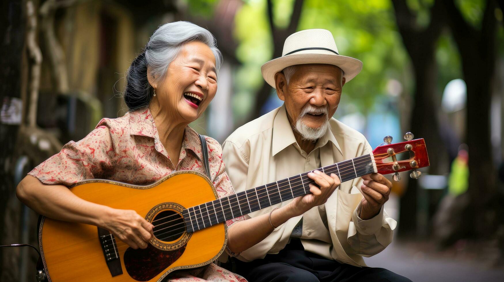 Dreamy middle aged senior loving retired family couple, play guitar with blurred background, Generative AI illustration photo