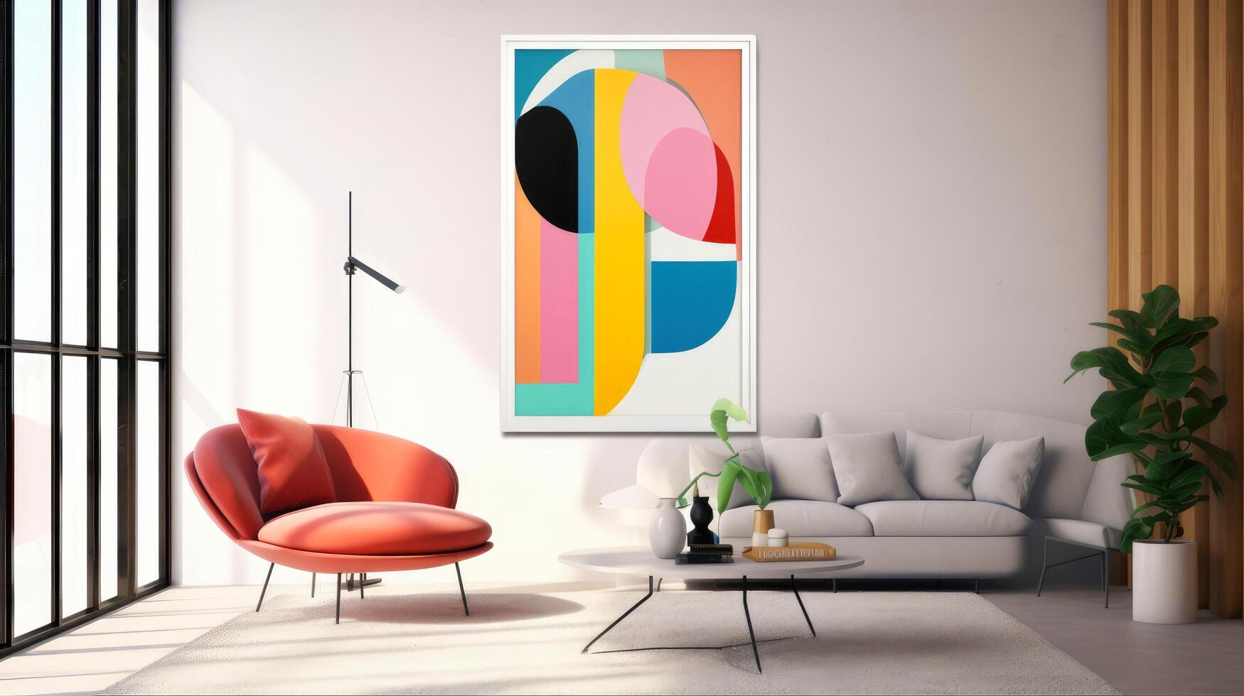 Stylish living room interior design with mock up poster frame, creative home accessories. Home staging. Copy space, illustration photo