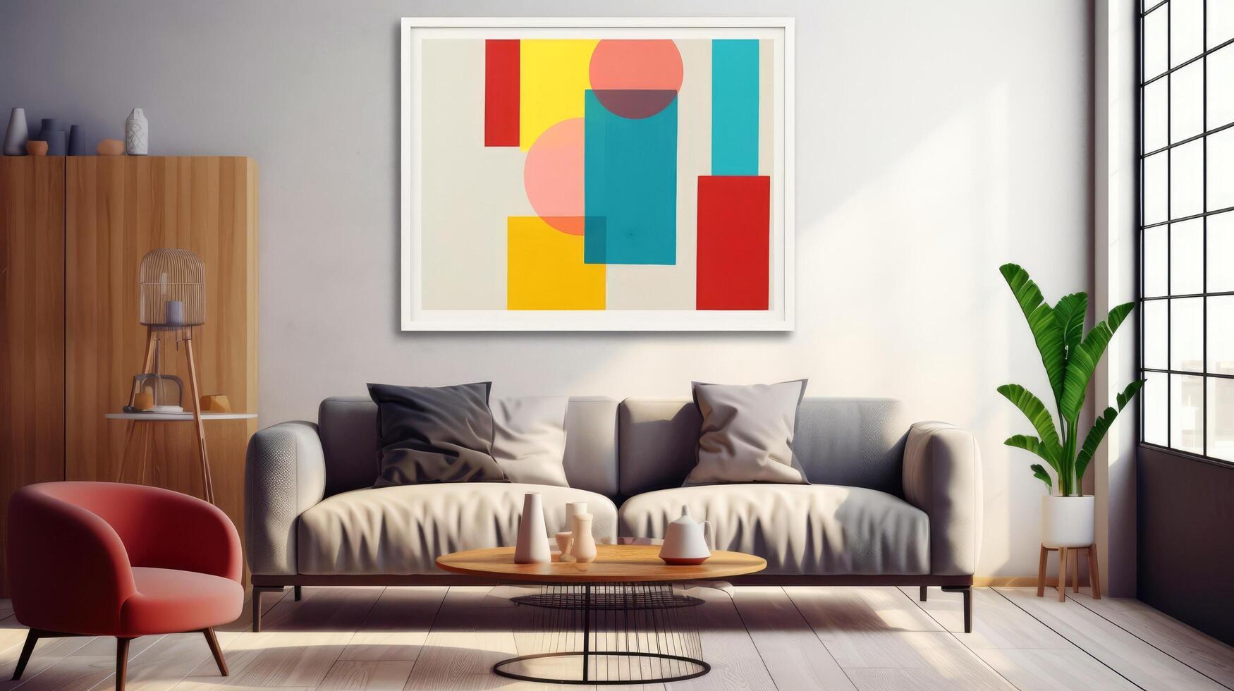 Stylish living room interior design with mock up poster frame, creative home accessories. Home staging. Copy space, illustration photo