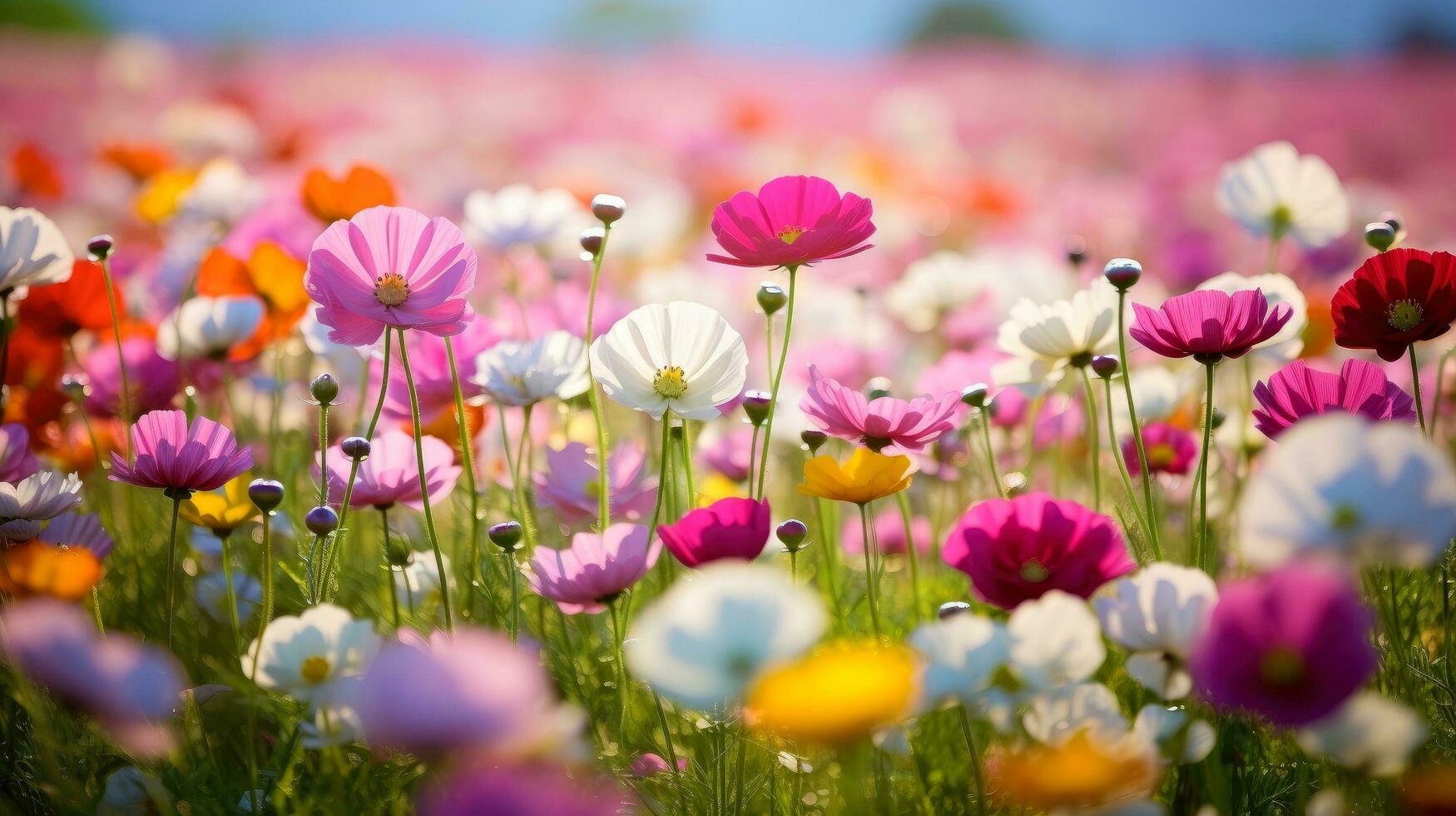 Nature floral background in early summer. Colorful natural spring landscape with with flowers, soft selective focus, Generative AI illustration photo