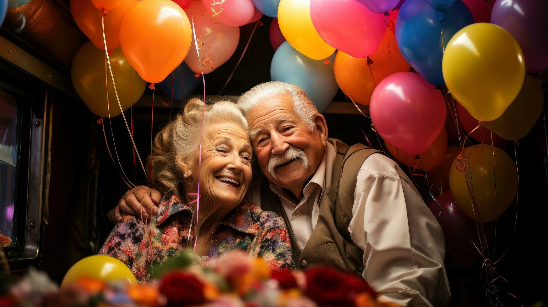 Dreamy middle aged senior loving retired family couple, enjoying peaceful moment relaxing together, with blurred background, Generative AI illustration photo