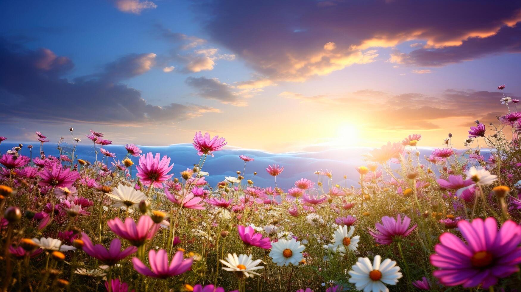 Nature floral background in early summer. Colorful natural spring landscape with with flowers, soft selective focus, illustration photo