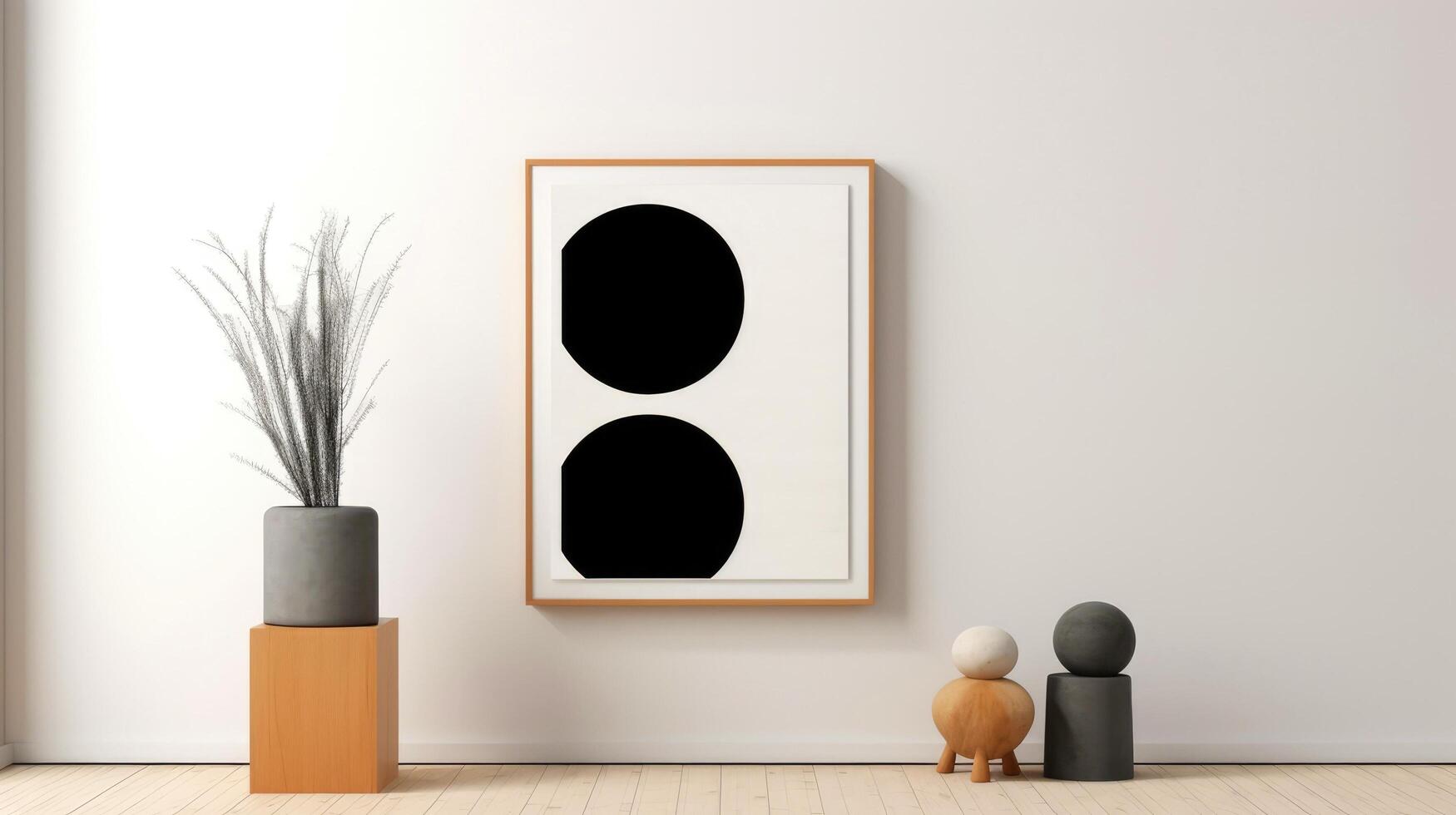 Stylish living room interior design with mock up poster frame, creative home accessories. Home staging. Copy space, illustration photo
