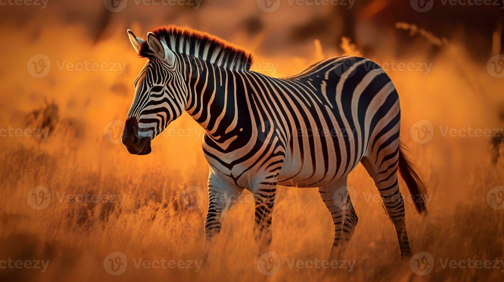 Photo of zebra on savanna at sunset. Generative AI